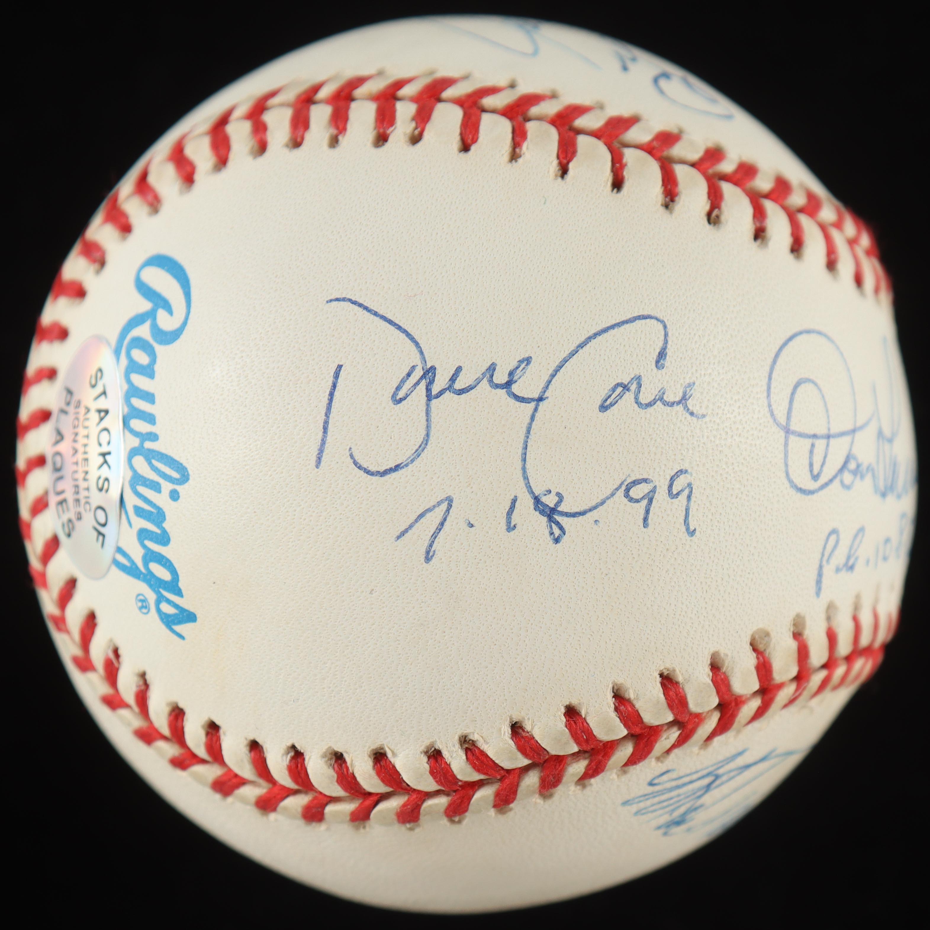 Perfect Game Pitchers & Catchers OAL Baseball Signed by (6) with Don Larsen, Yogi Berra, David Cone, Joe Girardi, Dave Wells with Perfect Game Stat Inscriptions (Stacks of Plaques) at PristineAuction.com Perfect Game Pitchers & Catchers OAL Baseball Signed by (6) with Don Larsen, Yogi Berra, David Cone, Joe Girardi, Dave Wells with Perfect Game Stat Inscriptions (Stacks of Plaques) at PristineAuction.com