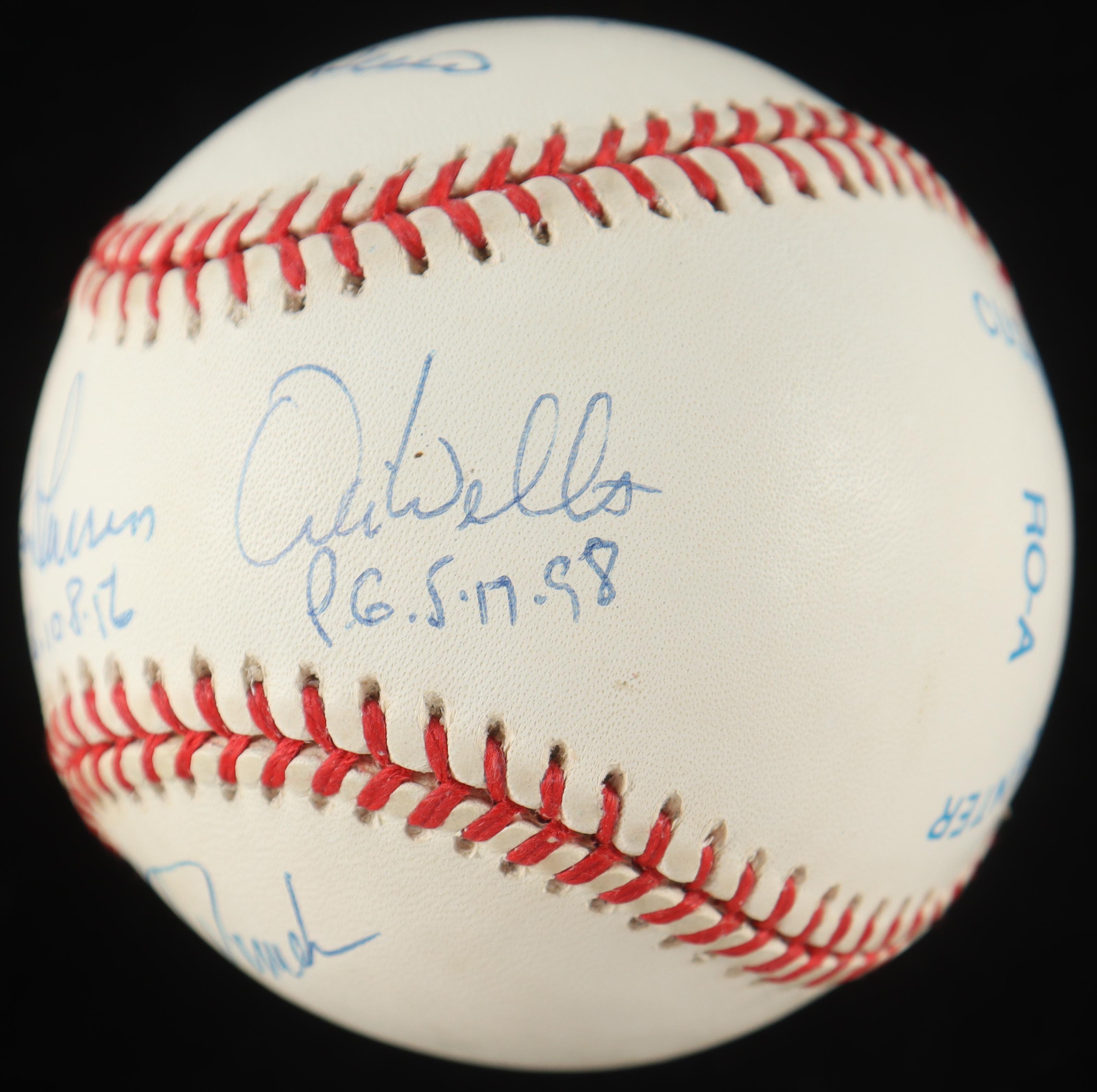 Perfect Game Pitchers & Catchers OAL Baseball Signed by (6) with Don Larsen, Yogi Berra, David Cone, Joe Girardi, Dave Wells with Perfect Game Stat Inscriptions (Stacks of Plaques) at PristineAuction.com Perfect Game Pitchers & Catchers OAL Baseball Signed by (6) with Don Larsen, Yogi Berra, David Cone, Joe Girardi, Dave Wells with Perfect Game Stat Inscriptions (Stacks of Plaques) at PristineAuction.com