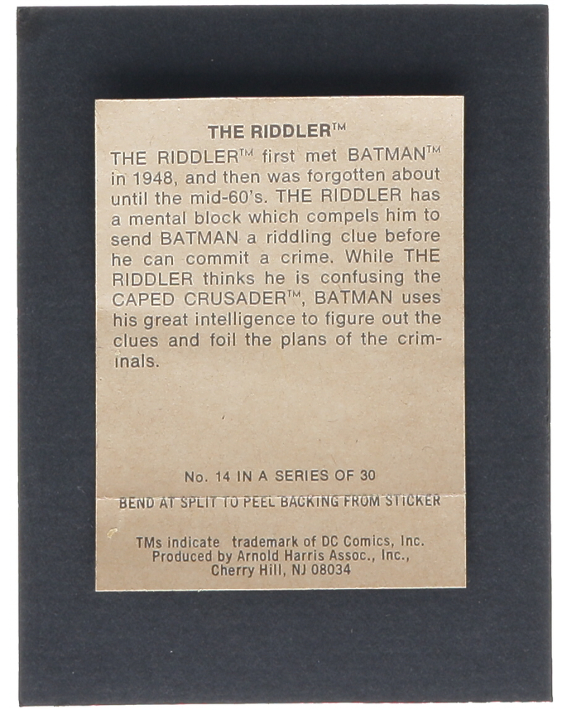 The Riddler 1978 DC Super Heroes Stickers Sunbeam Backs #14 | Pristine ...