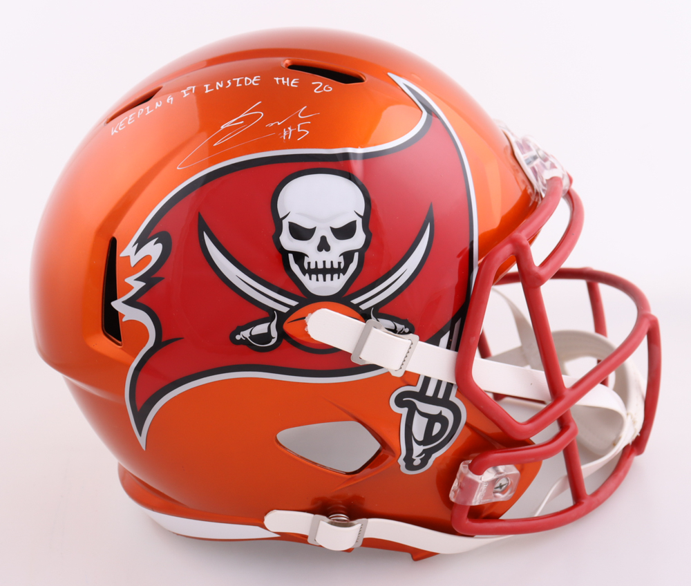 Jake Camarda Signed Buccaneers Full-Size Flash Alternate Speed Helmet Inscribed "Keeping It Inside The 20" (JSA) at PristineAuction.com Jake Camarda Signed Buccaneers Full-Size Flash Alternate Speed Helmet Inscribed "Keeping It Inside The 20" (JSA) at PristineAuction.com