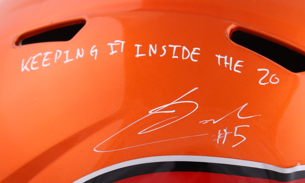 Jake Camarda Signed Buccaneers Full-Size Flash Alternate Speed Helmet Inscribed "Keeping It Inside The 20" (JSA) at PristineAuction.com Jake Camarda Signed Buccaneers Full-Size Flash Alternate Speed Helmet Inscribed "Keeping It Inside The 20" (JSA) at PristineAuction.com