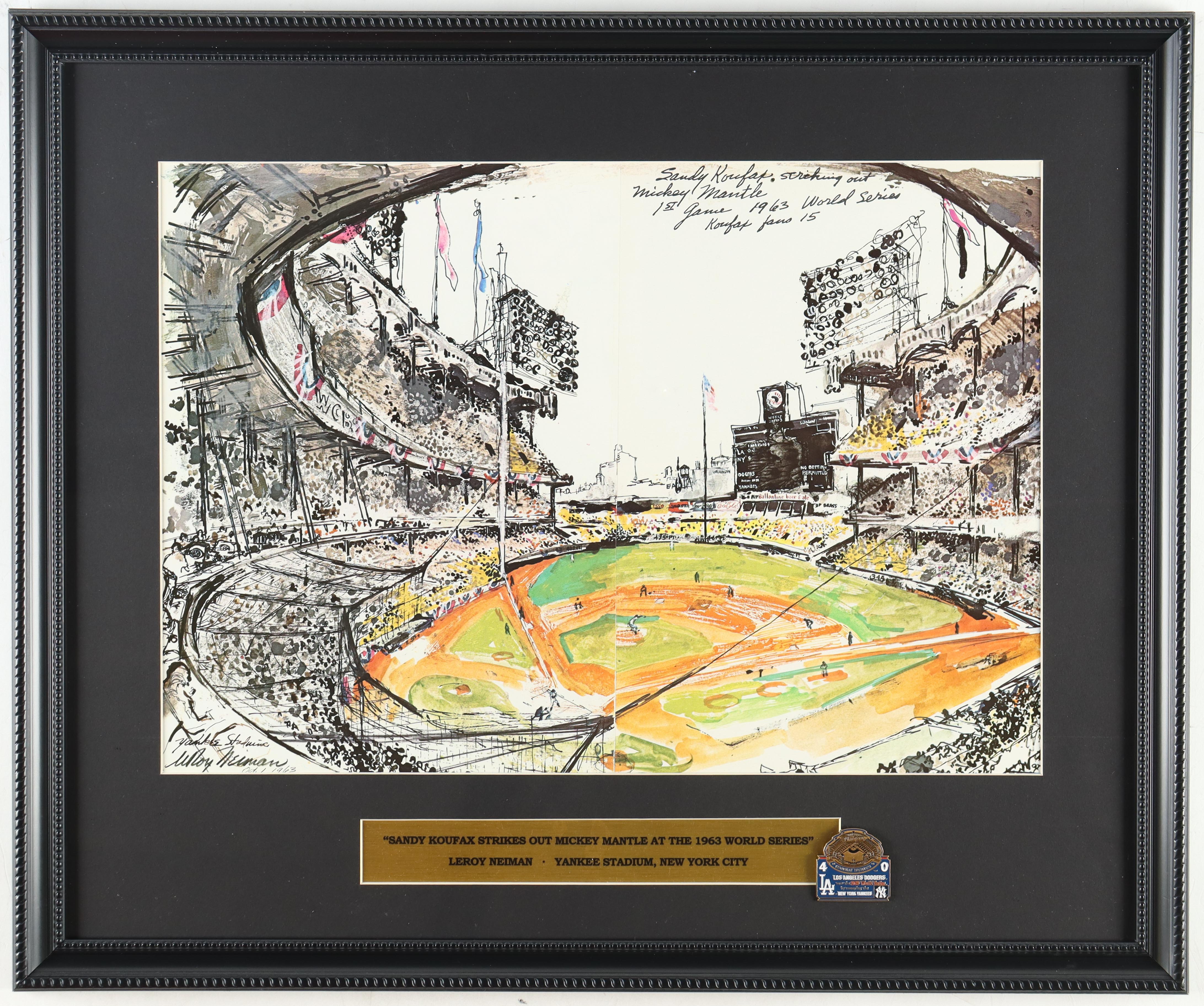 LeRoy Neiman "Sandy Koufax Strikes Out Mickey Mantle At The 1963 World Series" Custom Framed Print Display With Official 1963 World Series Pin at PristineAuction.com LeRoy Neiman "Sandy Koufax Strikes Out Mickey Mantle At The 1963 World Series" Custom Framed Print Display With Official 1963 World Series Pin at PristineAuction.com