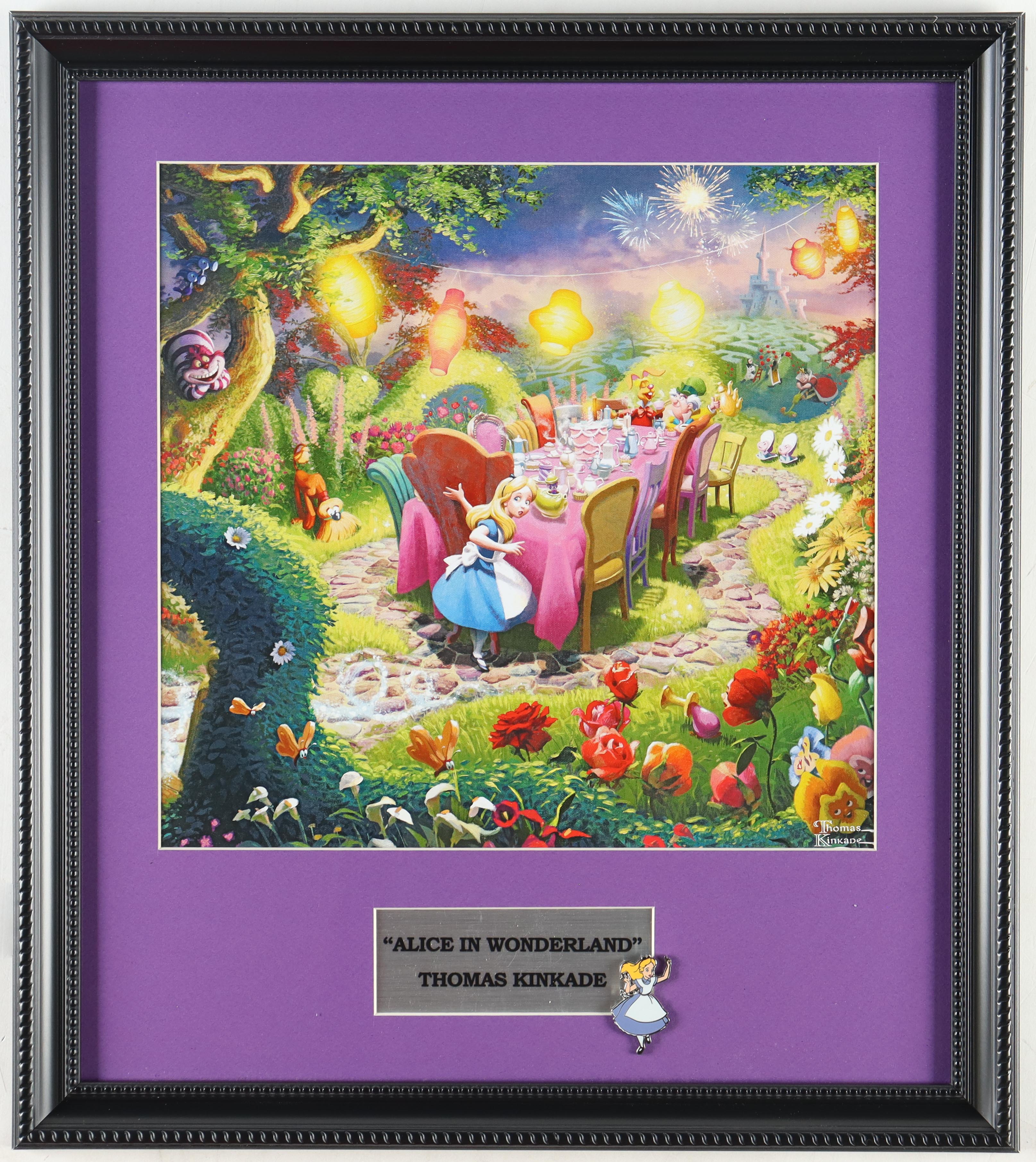 Thomas Kinkade "Alice In Wonderland" Custom Framed Print Display With Disney Alice Pin at PristineAuction.com Thomas Kinkade "Alice In Wonderland" Custom Framed Print Display With Disney Alice Pin at PristineAuction.com