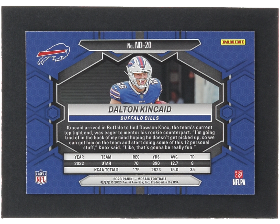 Dalton Kincaid 2023 Panini Mosaic NFL Debut #20 RC at PristineAuction.com Dalton Kincaid 2023 Panini Mosaic NFL Debut #20 RC at PristineAuction.com