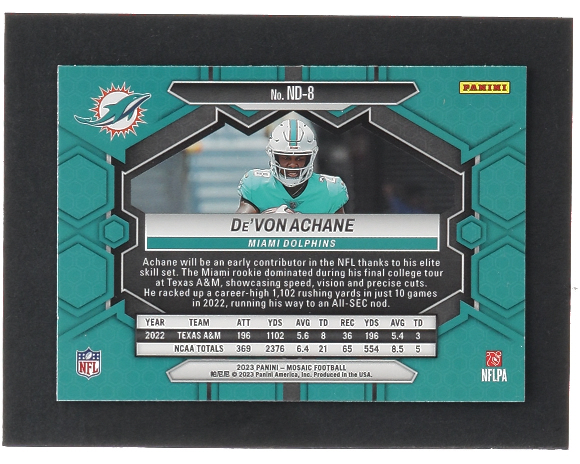 De'Von Achane 2023 Panini Mosaic NFL Debut #8 RC at PristineAuction.com De'Von Achane 2023 Panini Mosaic NFL Debut #8 RC at PristineAuction.com
