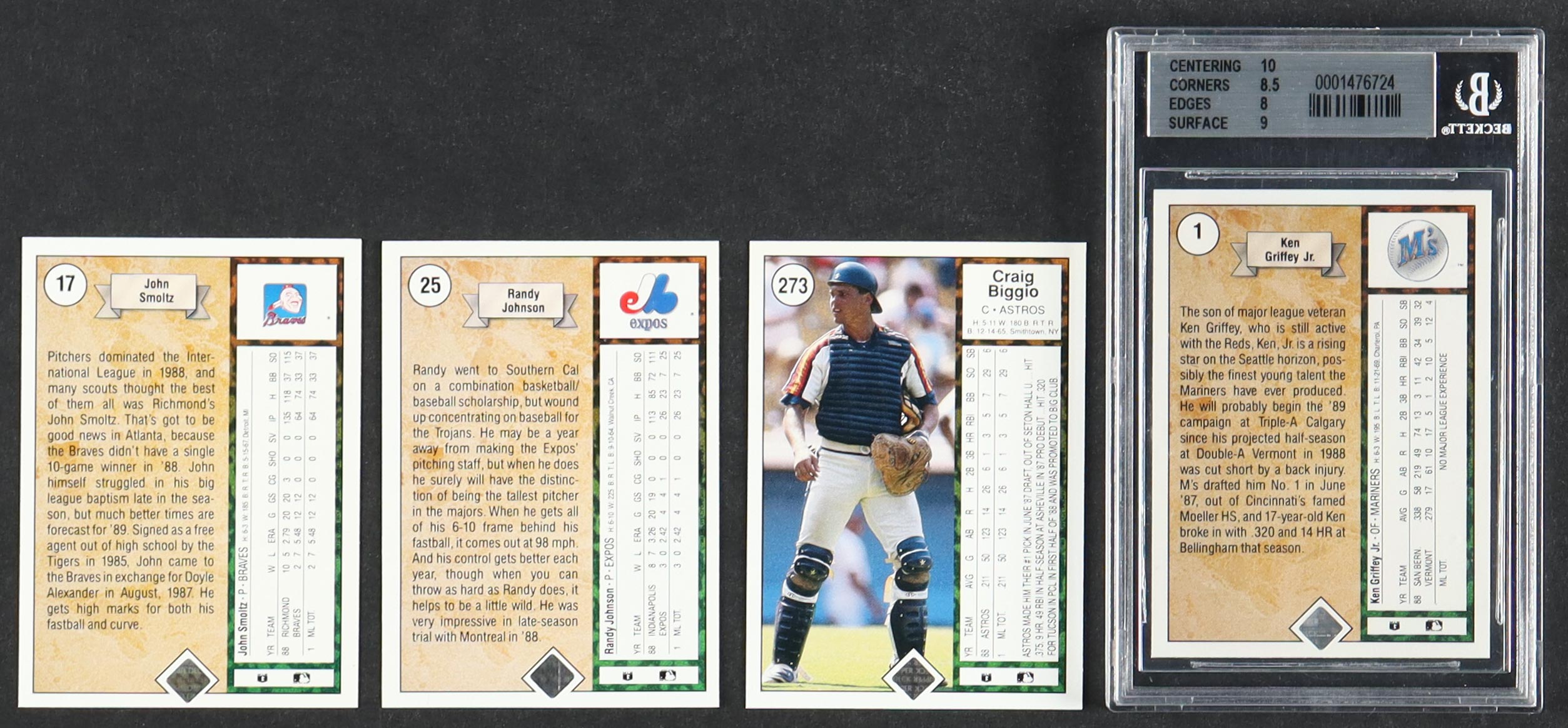 1989 Upper Deck Baseball Complete Set of (800) Cards with John Smoltz #17, Randy Johnson #25, Ken Griffey Jr. #1 RC (BGS 8.5), Craig Biggio #273 at PristineAuction.com 1989 Upper Deck Baseball Complete Set of (800) Cards with John Smoltz #17, Randy Johnson #25, Ken Griffey Jr. #1 RC (BGS 8.5), Craig Biggio #273 at PristineAuction.com