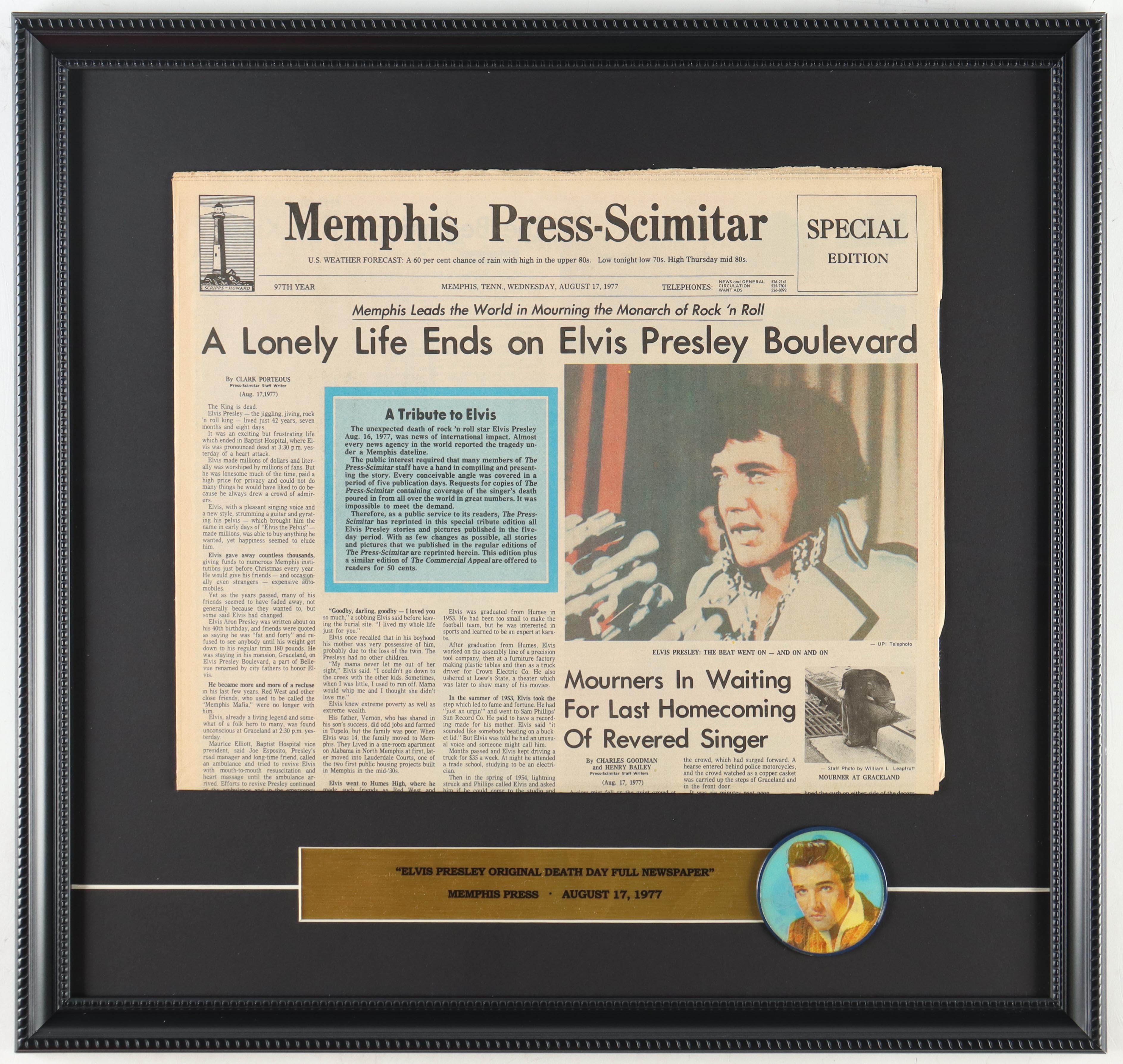 Elvis Presley "Memphis Press-Scimitar" Custom Framed Original Death Day Newspaper Display with Vintage Lenticular Elvis Pin at PristineAuction.com Elvis Presley "Memphis Press-Scimitar" Custom Framed Original Death Day Newspaper Display with Vintage Lenticular Elvis Pin at PristineAuction.com