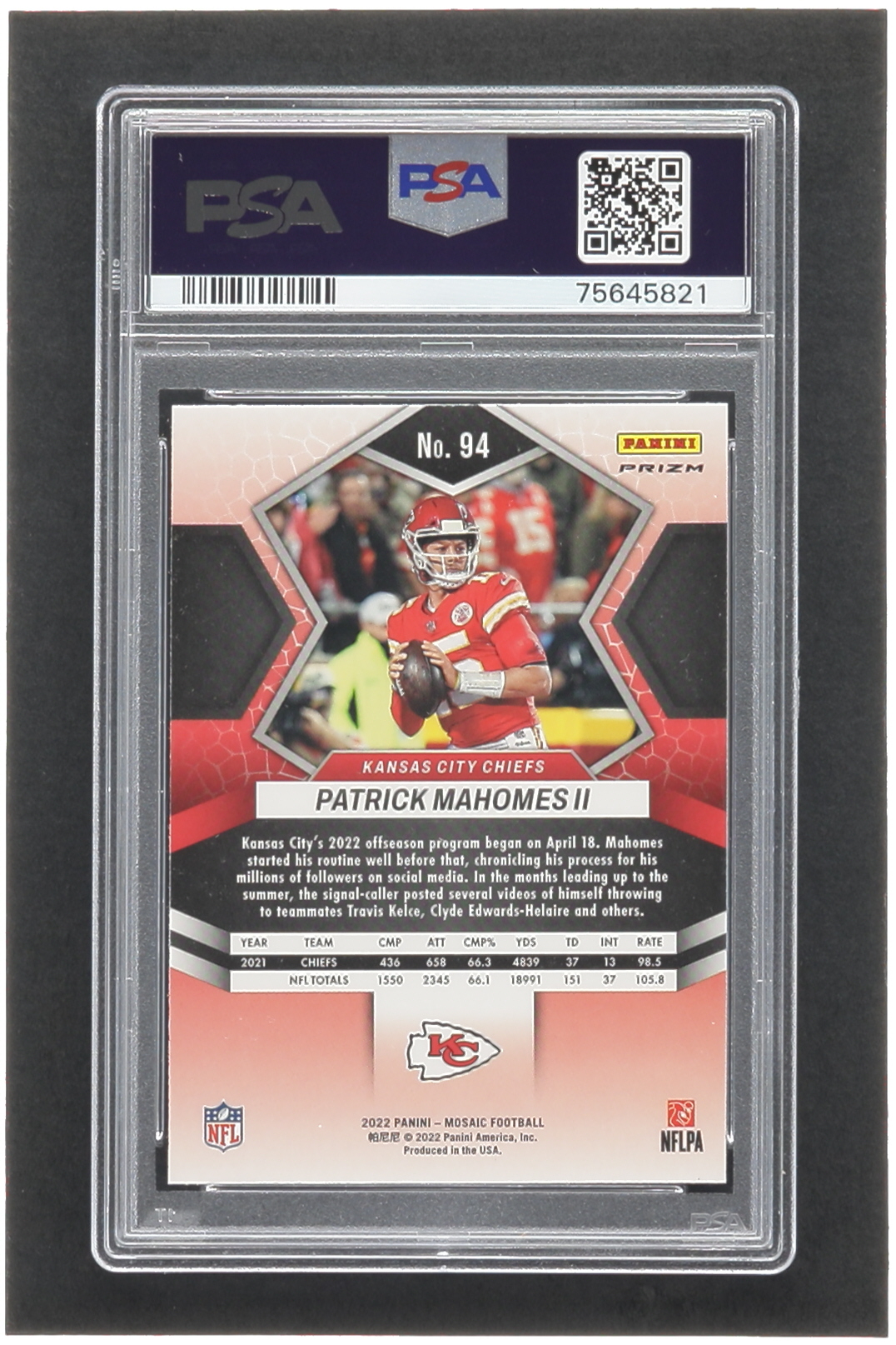 Patrick Mahomes II 2022 Panini Mosaic Mosaic #94 (PSA 9) at PristineAuction.com Patrick Mahomes II 2022 Panini Mosaic Mosaic #94 (PSA 9) at PristineAuction.com