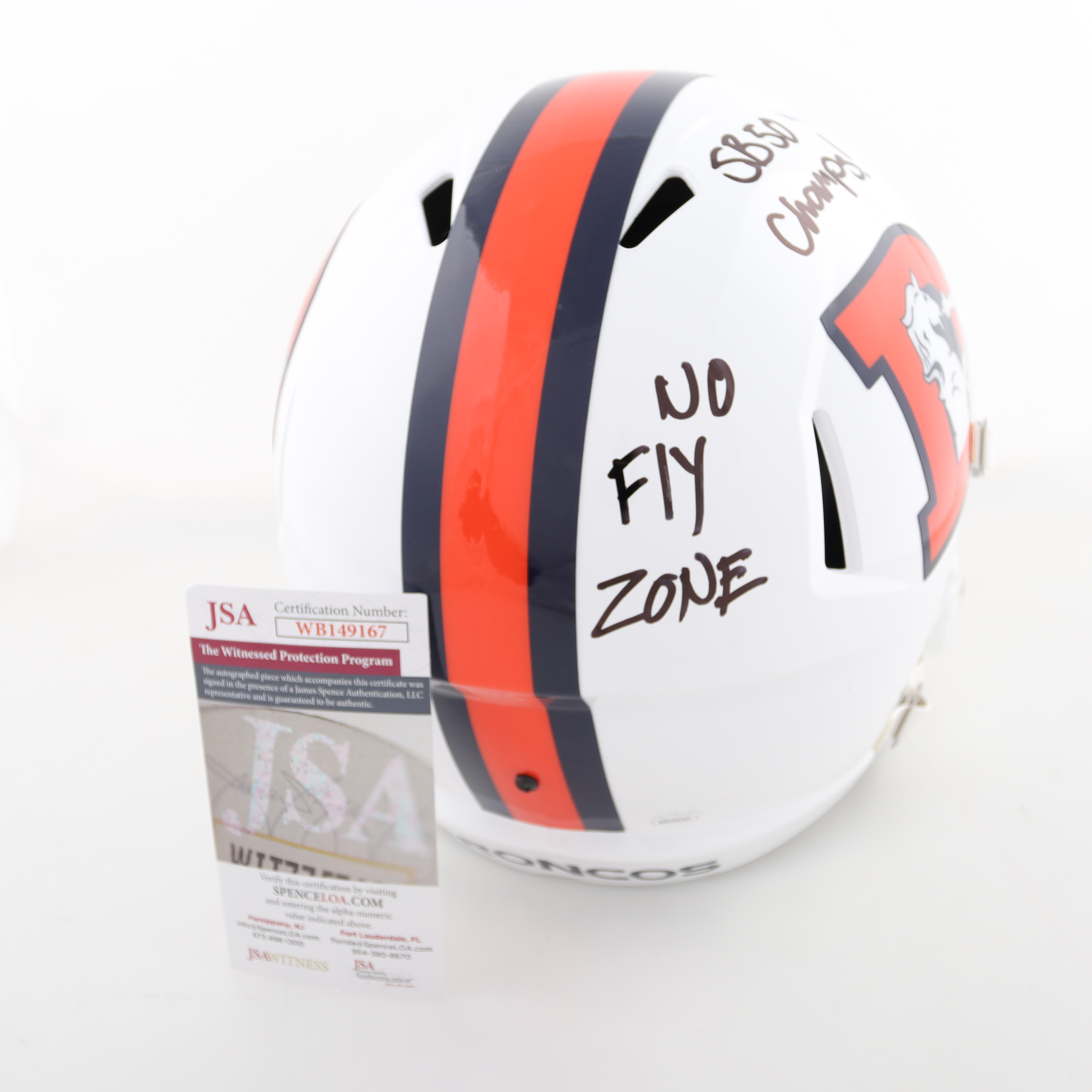T. J. Ward Signed Broncos Full-Size Alternate Speed Helmet Inscribed "SB 50 Champs!" & "No Fly Zone" (JSA) at PristineAuction.com T. J. Ward Signed Broncos Full-Size Alternate Speed Helmet Inscribed "SB 50 Champs!" & "No Fly Zone" (JSA) at PristineAuction.com