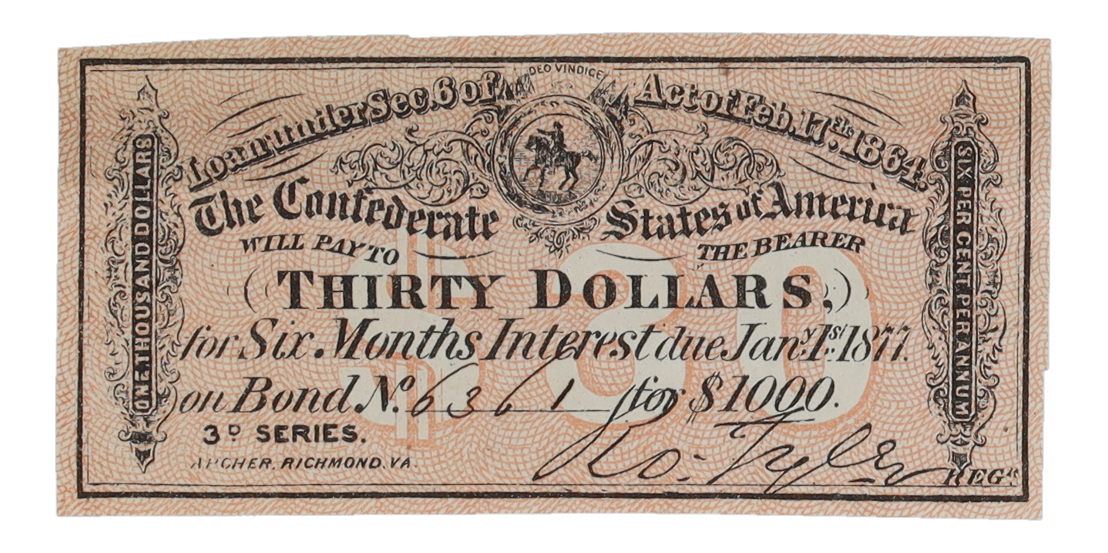 1864 $30 Thirty Dollars Confederate States of America Richmond CSA Bank Note Bond at PristineAuction.com 1864 $30 Thirty Dollars Confederate States of America Richmond CSA Bank Note Bond at PristineAuction.com