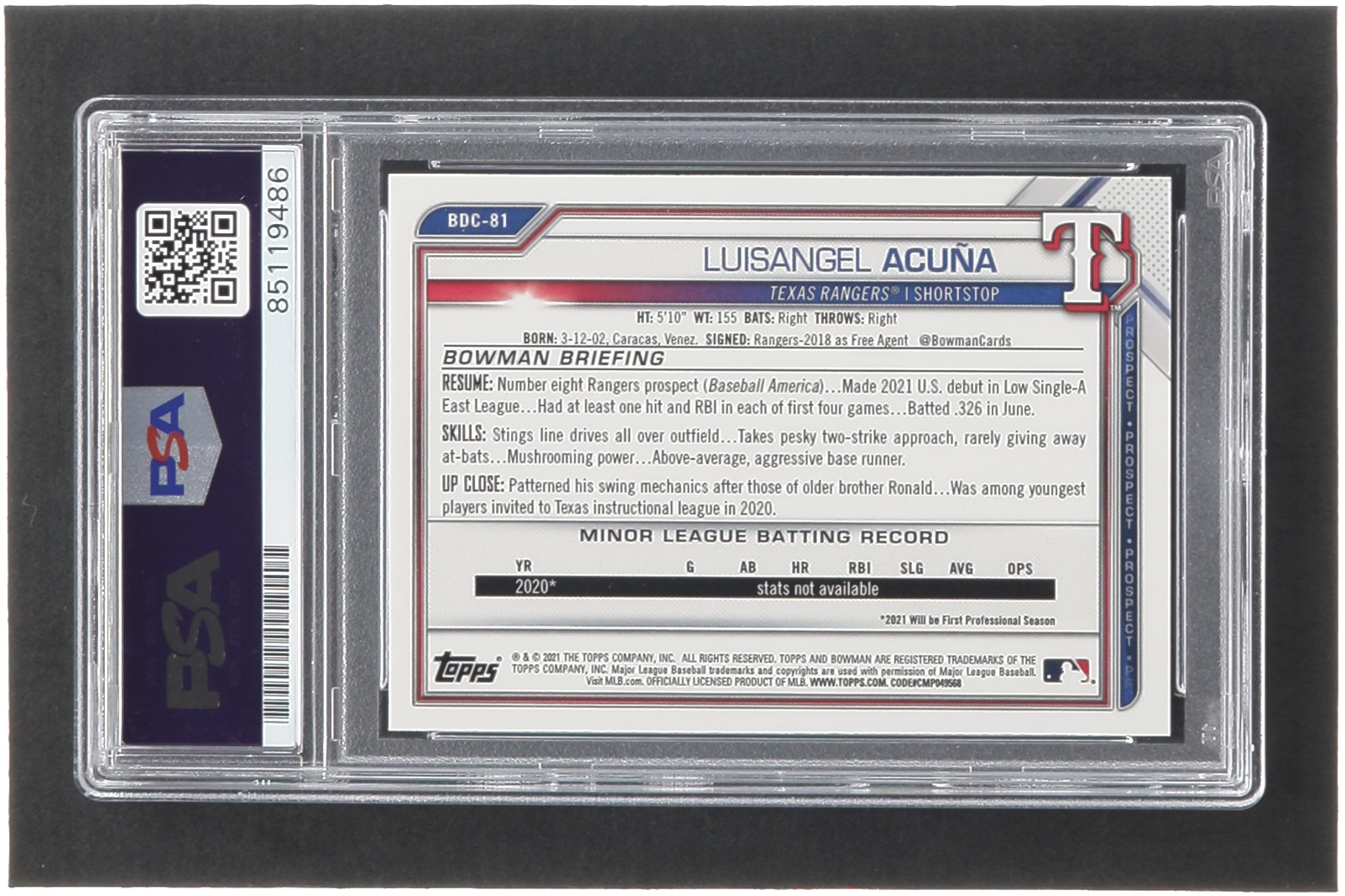 Luisangel Acuna Signed 2021 Bowman Chrome Draft #BDC81 RC (PSA) at PristineAuction.com Luisangel Acuna Signed 2021 Bowman Chrome Draft #BDC81 RC (PSA) at PristineAuction.com