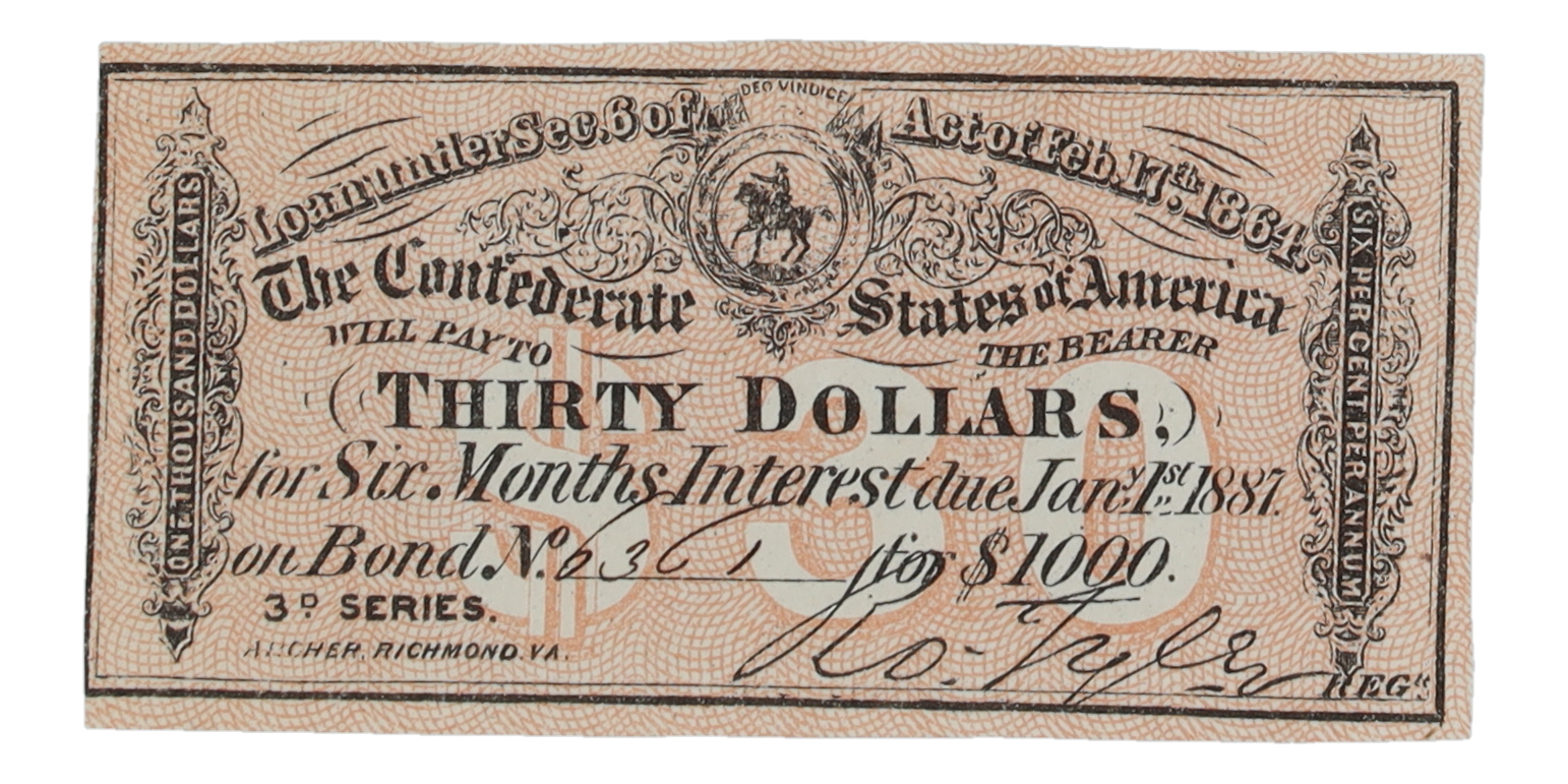 1864 $30 Thirty Dollars Confederate States of America Richmond CSA Bank Note Bond at PristineAuction.com 1864 $30 Thirty Dollars Confederate States of America Richmond CSA Bank Note Bond at PristineAuction.com