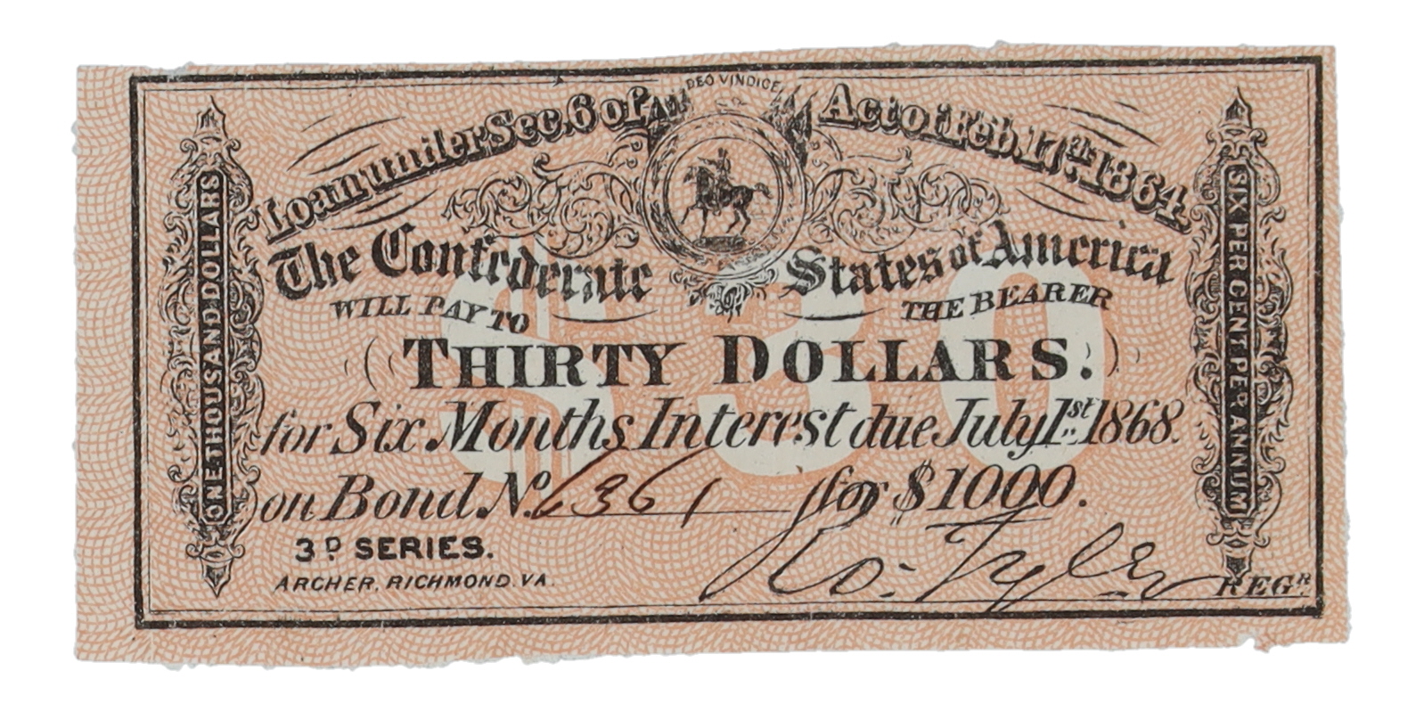 1864 $30 Thirty Dollars Confederate States of America Richmond CSA Bank Note Bond at PristineAuction.com 1864 $30 Thirty Dollars Confederate States of America Richmond CSA Bank Note Bond at PristineAuction.com
