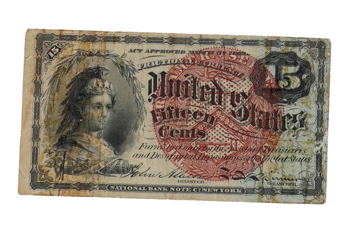 1863 Fifteen Cents U.S. Fractional Currency at PristineAuction.com 1863 Fifteen Cents U.S. Fractional Currency at PristineAuction.com