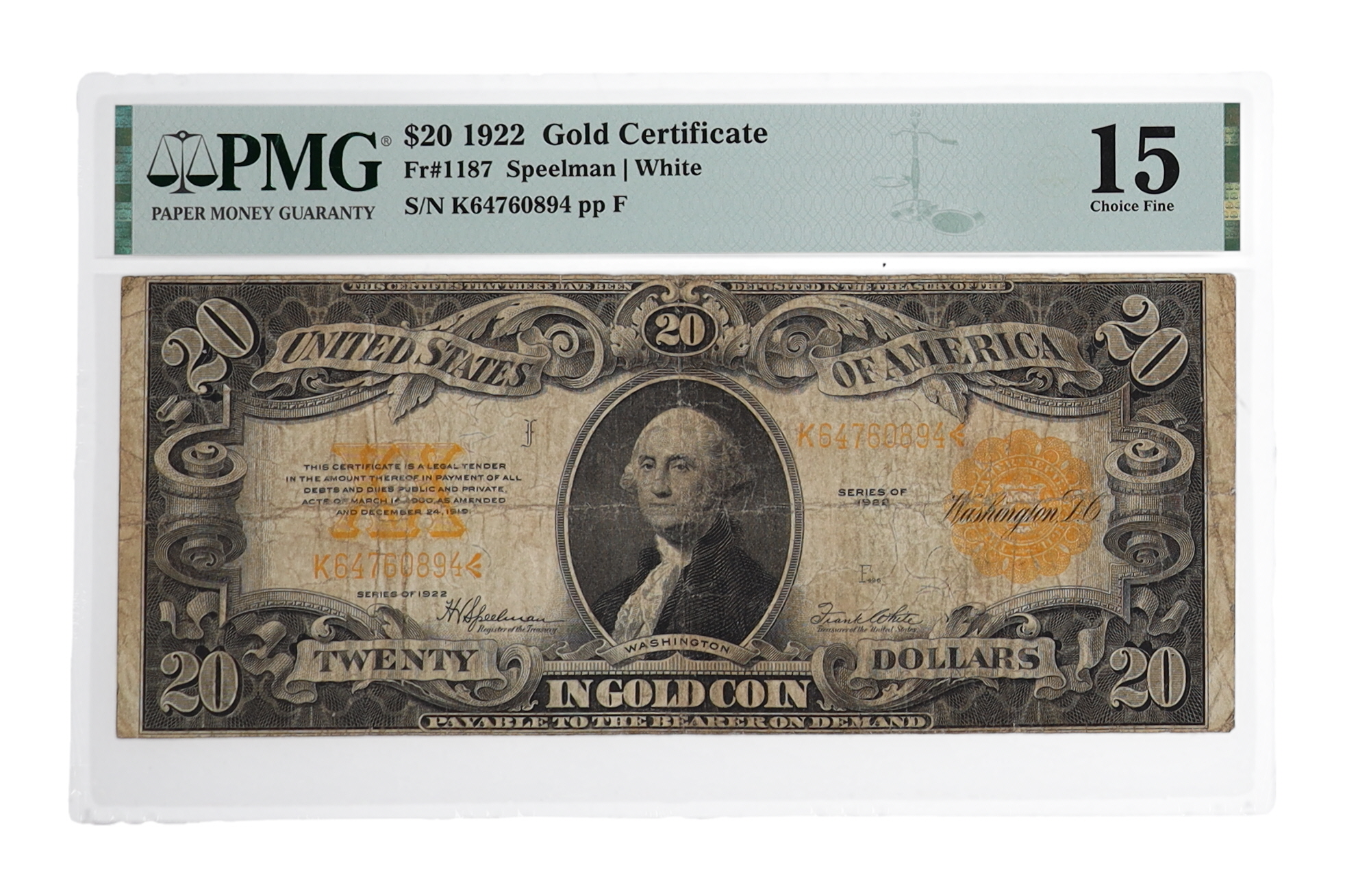 1922 $20 Twenty Dollars Gold Certificate (PMG CF15) at PristineAuction.com 1922 $20 Twenty Dollars Gold Certificate (PMG CF15) at PristineAuction.com
