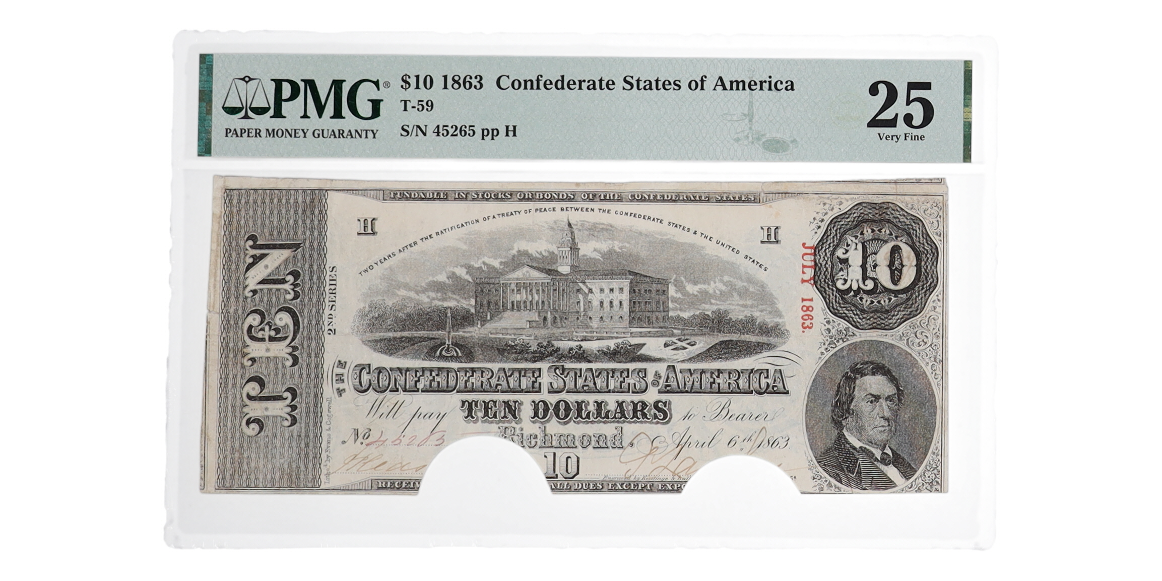 1863 Confederate States of America $10 Ten Dollars Bank Note Bond - T-59 (PMG VF25) at PristineAuction.com 1863 Confederate States of America $10 Ten Dollars Bank Note Bond - T-59 (PMG VF25) at PristineAuction.com