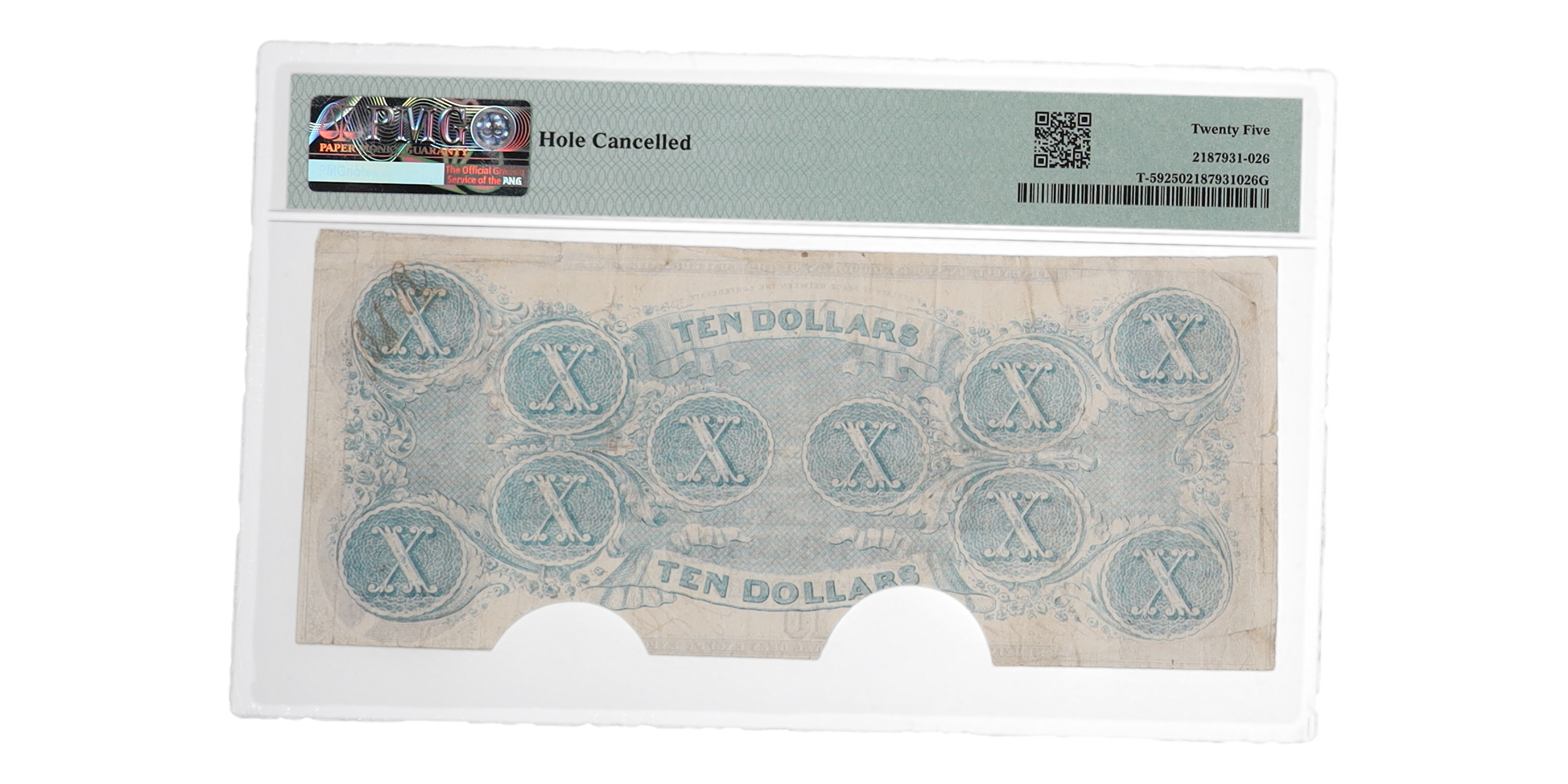 1863 Confederate States of America $10 Ten Dollars Bank Note Bond - T-59 (PMG VF25) at PristineAuction.com 1863 Confederate States of America $10 Ten Dollars Bank Note Bond - T-59 (PMG VF25) at PristineAuction.com