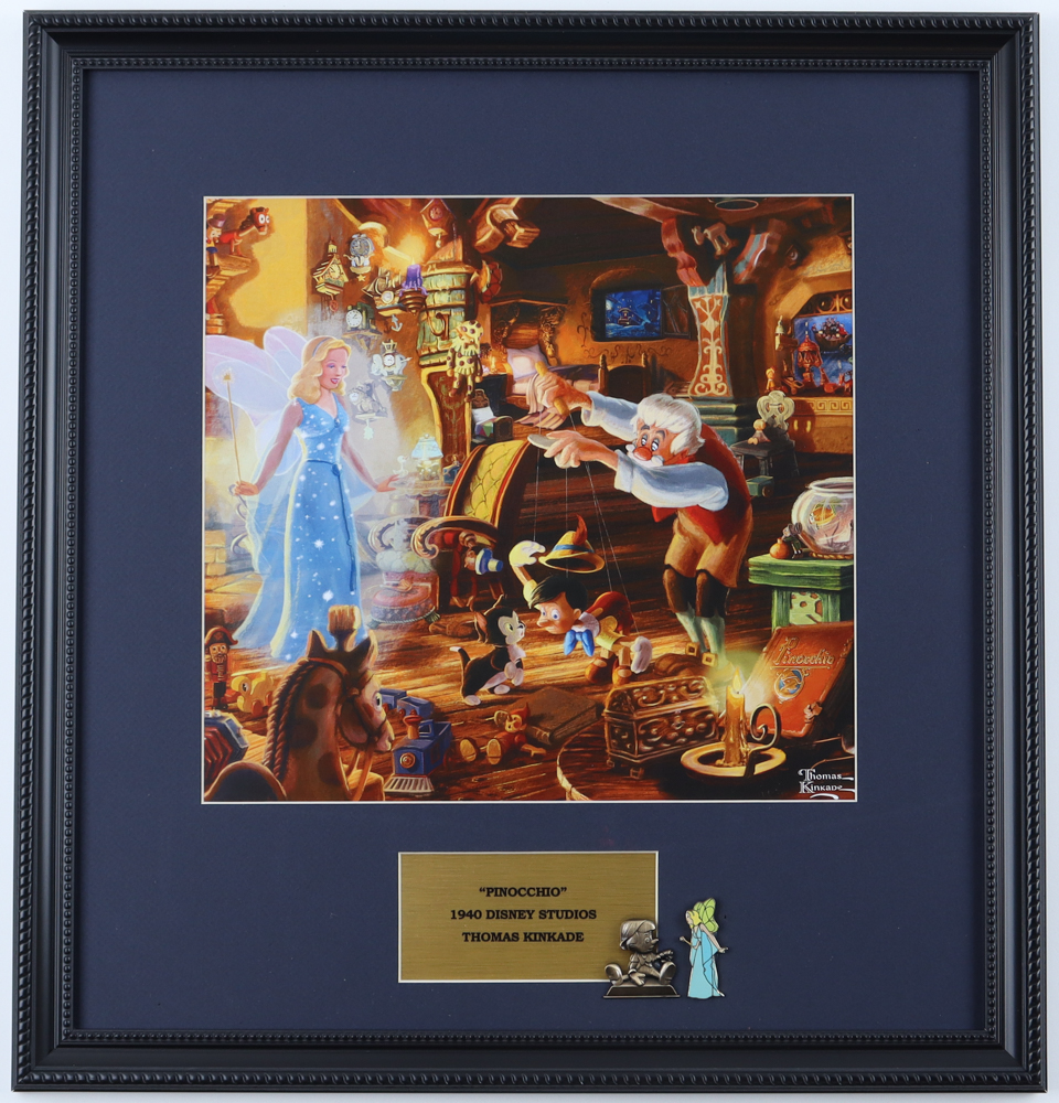 Thomas Kinkade "Pinocchio" Custom Framed Print with (2) Character Pins at PristineAuction.com Thomas Kinkade "Pinocchio" Custom Framed Print with (2) Character Pins at PristineAuction.com