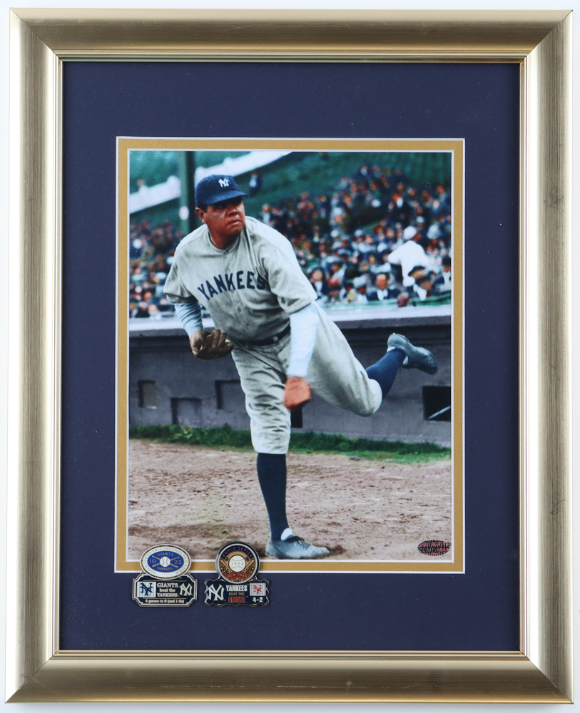 Babe Ruth Yankees Custom Framed Photo Display with 1922 & 1923 Yankees World Series Pins at PristineAuction.com Babe Ruth Yankees Custom Framed Photo Display with 1922 & 1923 Yankees World Series Pins at PristineAuction.com