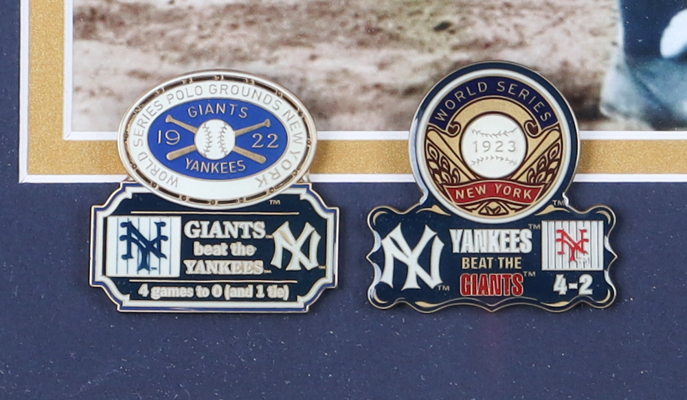 Babe Ruth Yankees Custom Framed Photo Display with 1922 & 1923 Yankees World Series Pins at PristineAuction.com Babe Ruth Yankees Custom Framed Photo Display with 1922 & 1923 Yankees World Series Pins at PristineAuction.com