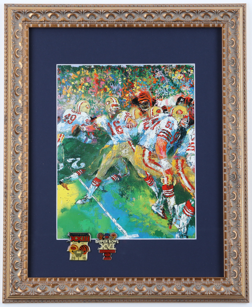 Leroy Neiman Custom Framed Joe Montana Print Display with (2) Super Bowl XIV and XXIII 49ers Pins at PristineAuction.com Leroy Neiman Custom Framed Joe Montana Print Display with (2) Super Bowl XIV and XXIII 49ers Pins at PristineAuction.com