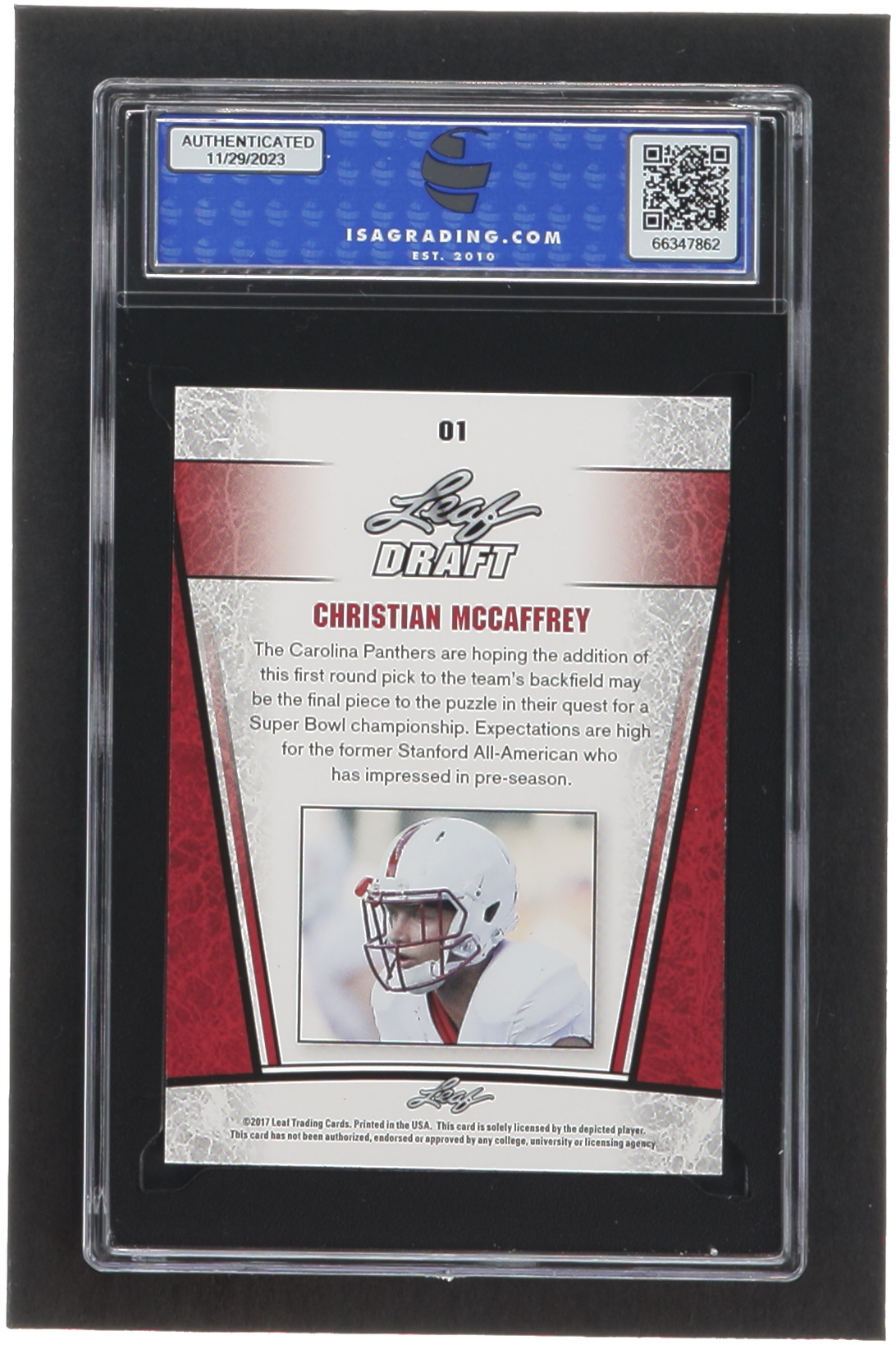 Christian McCaffrey 2017 Leaf Special Release Draft Silver #01 RC (ISA 10) at PristineAuction.com Christian McCaffrey 2017 Leaf Special Release Draft Silver #01 RC (ISA 10) at PristineAuction.com