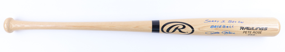 Pete Rose Signed Rawlings Baseball Bat Inscribed "Sorry I Bet On Baseball" (MAB) at PristineAuction.com Pete Rose Signed Rawlings Baseball Bat Inscribed "Sorry I Bet On Baseball" (MAB) at PristineAuction.com