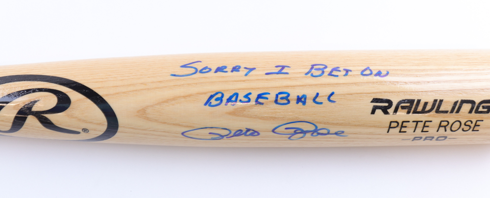 Pete Rose Signed Rawlings Baseball Bat Inscribed "Sorry I Bet On Baseball" (MAB) at PristineAuction.com Pete Rose Signed Rawlings Baseball Bat Inscribed "Sorry I Bet On Baseball" (MAB) at PristineAuction.com