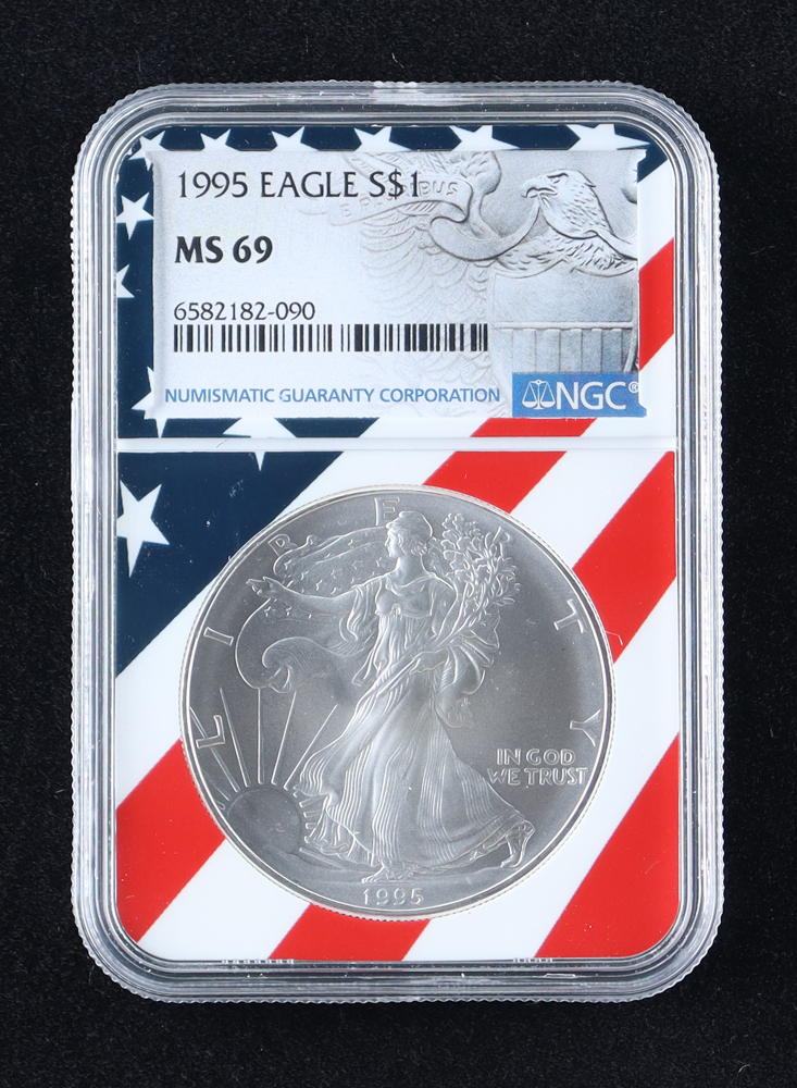 1995 American Silver Eagle - American Flag Core (NGC MS69) at PristineAuction.com 1995 American Silver Eagle - American Flag Core (NGC MS69) at PristineAuction.com