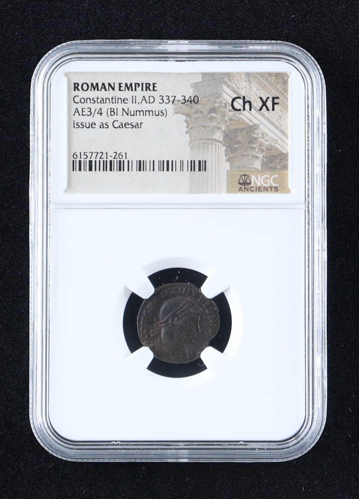Roman Empire - Constantine II, AD 337-340, AE3/4 (BI Nummus), Issue as Caesar (NGC Choice XF) at PristineAuction.com Roman Empire - Constantine II, AD 337-340, AE3/4 (BI Nummus), Issue as Caesar (NGC Choice XF) at PristineAuction.com