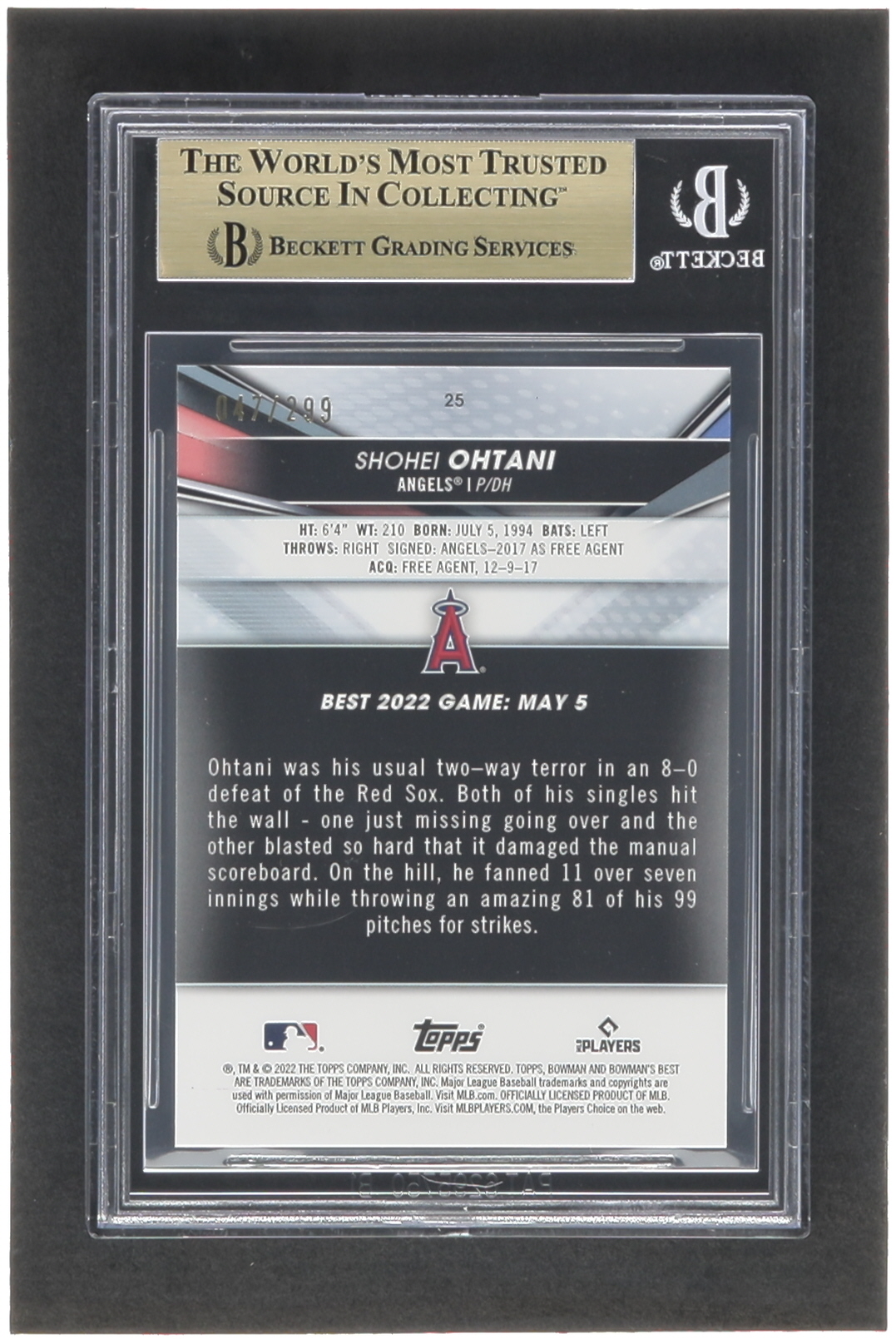 Shohei Ohtani 2022 Bowman's Best Mini Diamond Refractors #25 #047/299 (BGS 9.5) at PristineAuction.com Shohei Ohtani 2022 Bowman's Best Mini Diamond Refractors #25 #047/299 (BGS 9.5) at PristineAuction.com