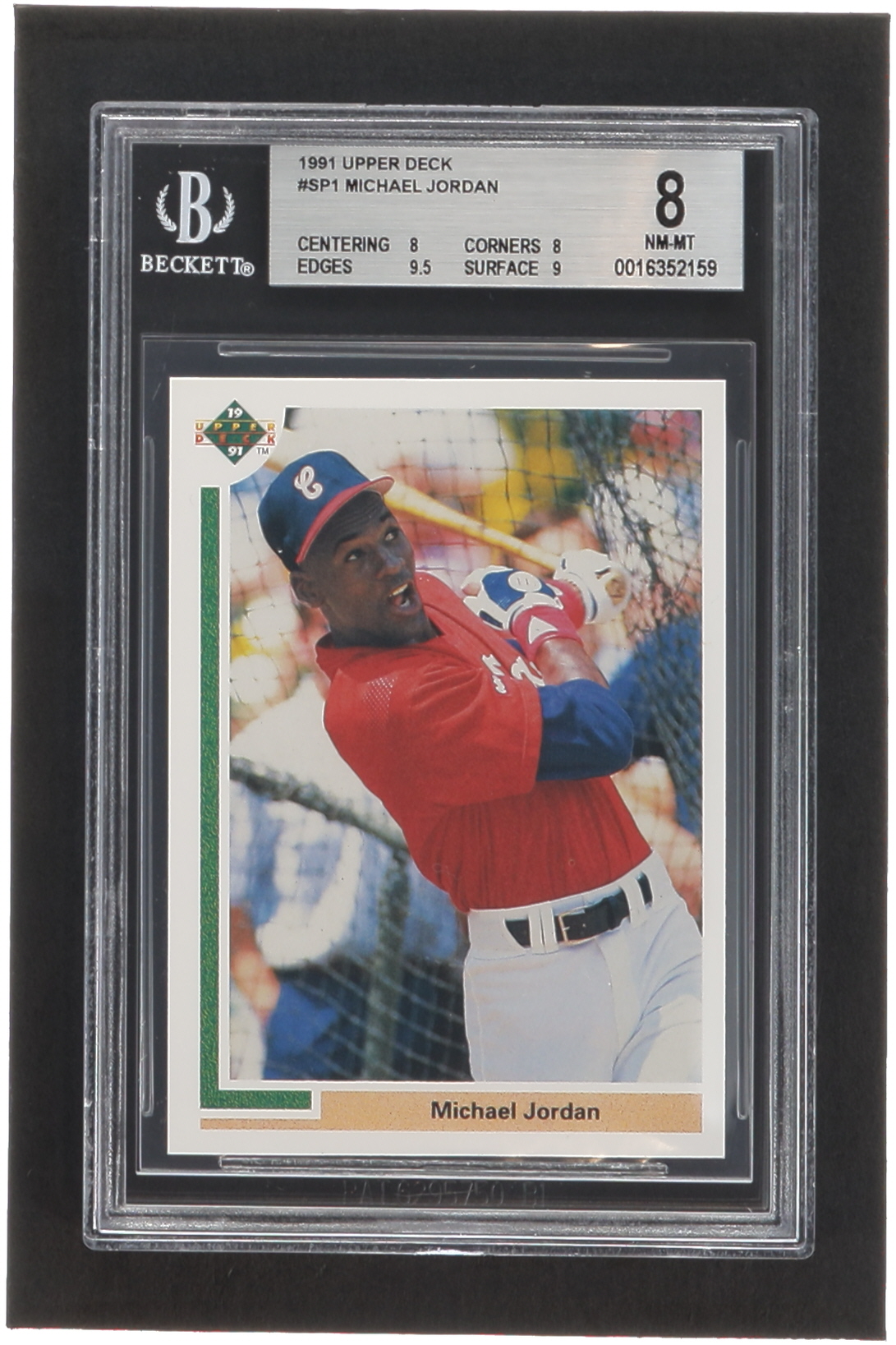 Michael Jordan 1991 Upper Deck #SP1 SP RC / Shown Batting in White Sox Uniform (BGS 8) at PristineAuction.com Michael Jordan 1991 Upper Deck #SP1 SP RC / Shown Batting in White Sox Uniform (BGS 8) at PristineAuction.com