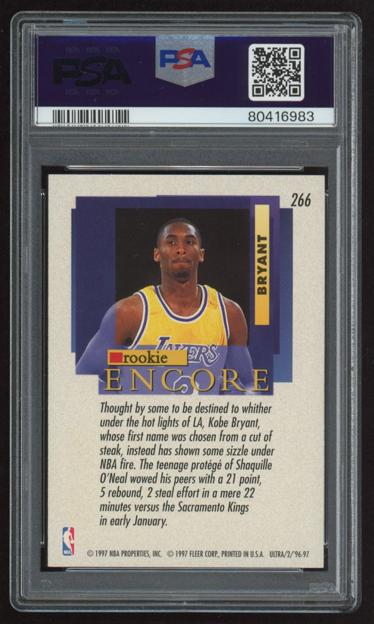Kobe Bryant 1996-97 Ultra #266 RE RC (PSA 9) at PristineAuction.com Kobe Bryant 1996-97 Ultra #266 RE RC (PSA 9) at PristineAuction.com