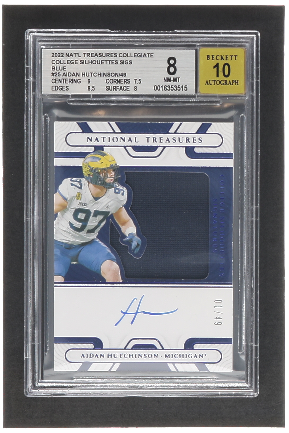 Aidan Hutchinson 2022 Panini National Treasures Collegiate College Silhouettes Signatures Blue #25 RC #01/49 (BGS 8 | Autograph Grade 10) at PristineAuction.com Aidan Hutchinson 2022 Panini National Treasures Collegiate College Silhouettes Signatures Blue #25 RC #01/49 (BGS 8 | Autograph Grade 10) at PristineAuction.com