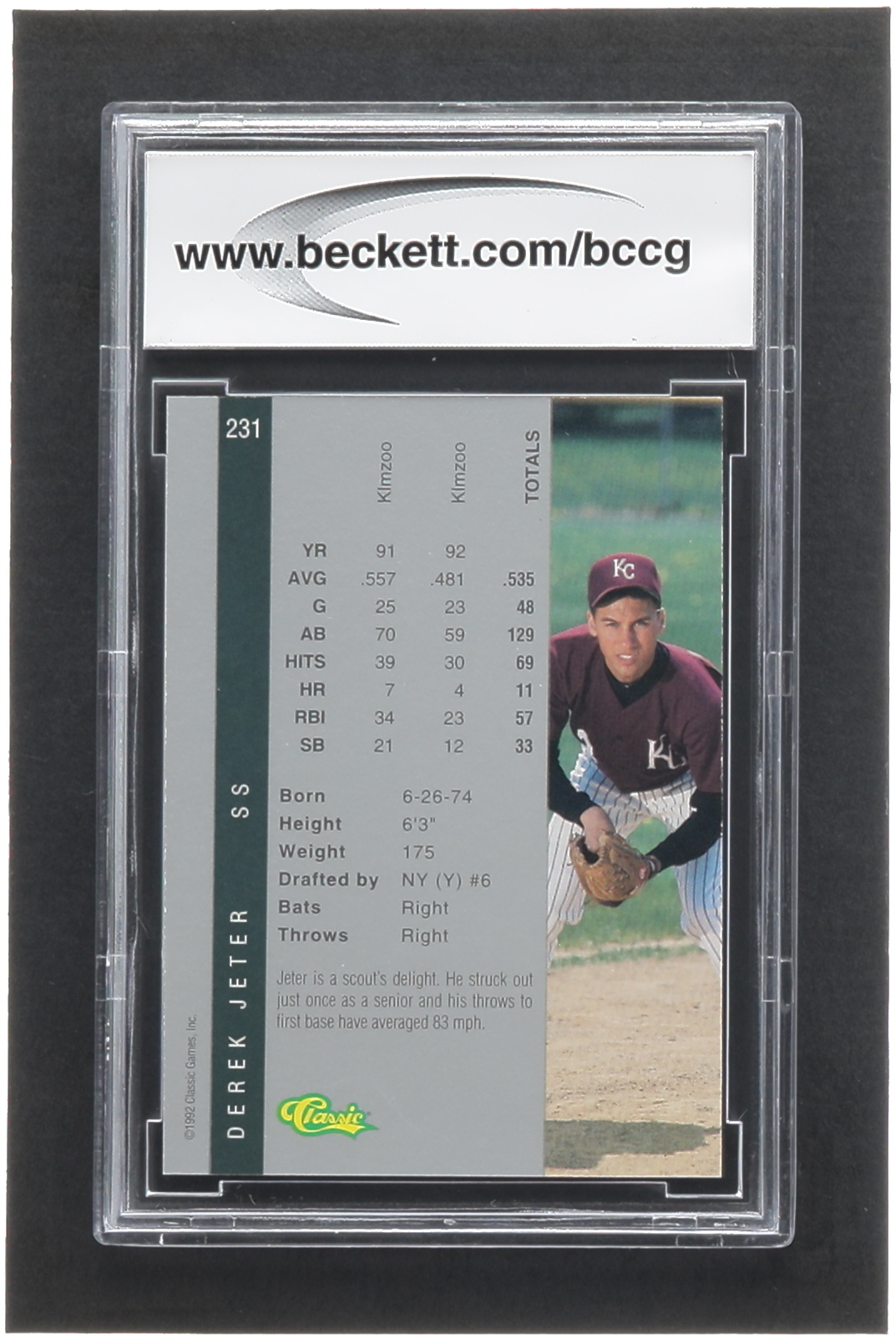 Derek Jeter 1992 Classic Four Sport #231 RC (BCCG 10) at PristineAuction.com Derek Jeter 1992 Classic Four Sport #231 RC (BCCG 10) at PristineAuction.com