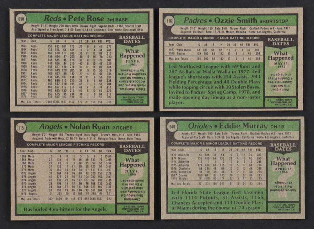 1979 Topps Baseball Complete Set of (726) Cards with Eddie Murray #640, Ozzie Smith #116, Nolan Ryan #115, Pete Rose #650 at PristineAuction.com 1979 Topps Baseball Complete Set of (726) Cards with Eddie Murray #640, Ozzie Smith #116, Nolan Ryan #115, Pete Rose #650 at PristineAuction.com