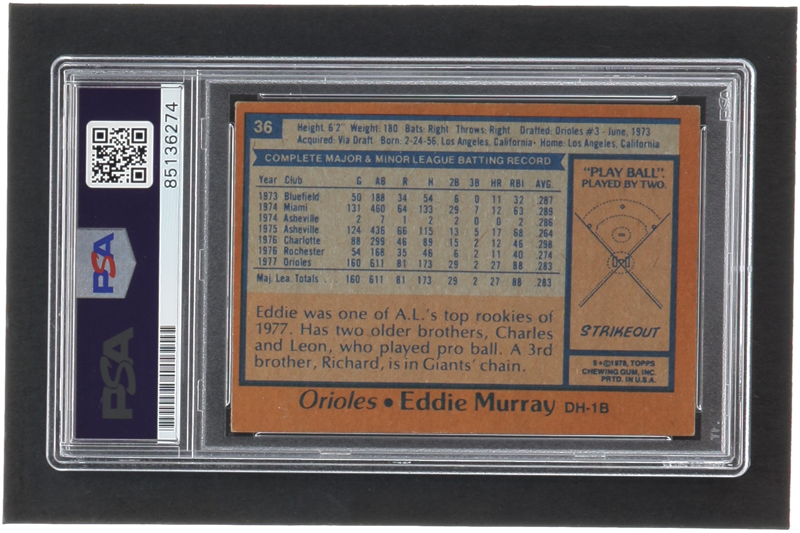 Eddie Murray Signed 1978 Topps #36 RC (PSA | Auto 10) at PristineAuction.com Eddie Murray Signed 1978 Topps #36 RC (PSA | Auto 10) at PristineAuction.com