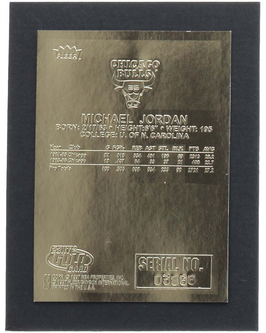Michael Jordan 1997 Fleer Premier Signature Series Holo Prism Refractor 23Kt Gold Card at PristineAuction.com Michael Jordan 1997 Fleer Premier Signature Series Holo Prism Refractor 23Kt Gold Card at PristineAuction.com