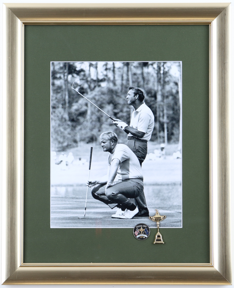 "Arnold Palmer & Jack Nicklaus At Ryder Cup" Custom Framed Photo Display With Ryder Cup Mini Trophy & Metal Emblem at PristineAuction.com "Arnold Palmer & Jack Nicklaus At Ryder Cup" Custom Framed Photo Display With Ryder Cup Mini Trophy & Metal Emblem at PristineAuction.com