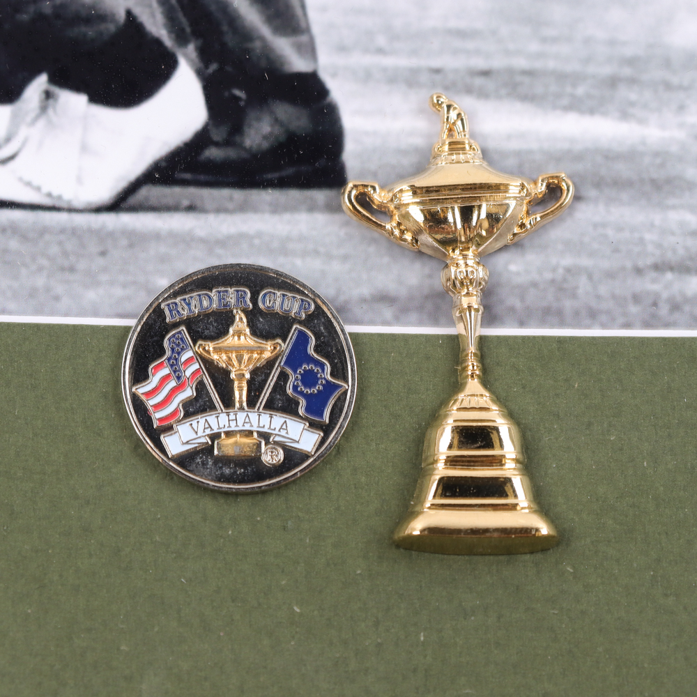 "Arnold Palmer & Jack Nicklaus At Ryder Cup" Custom Framed Photo Display With Ryder Cup Mini Trophy & Metal Emblem at PristineAuction.com "Arnold Palmer & Jack Nicklaus At Ryder Cup" Custom Framed Photo Display With Ryder Cup Mini Trophy & Metal Emblem at PristineAuction.com