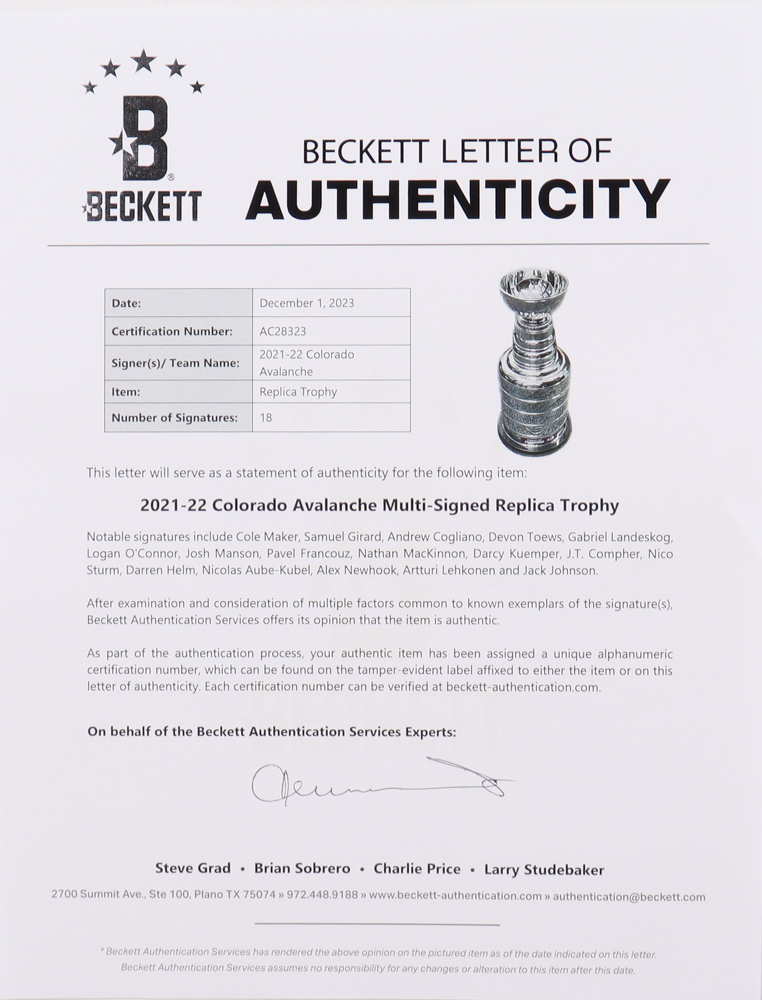 2021-2022 Avalanche Stanley Cup Replica Trophy Signed By (18) With Cole Makar, Samuel Girard, Andrew Cogliano, Devon Toews (Beckett) at PristineAuction.com 2021-2022 Avalanche Stanley Cup Replica Trophy Signed By (18) With Cole Makar, Samuel Girard, Andrew Cogliano, Devon Toews (Beckett) at PristineAuction.com
