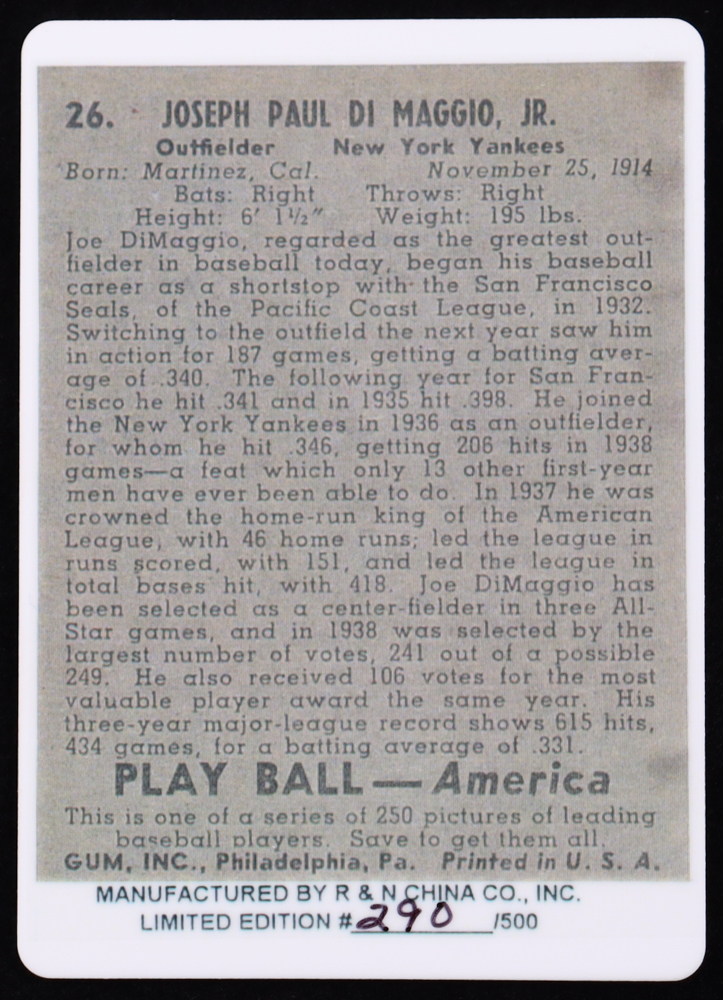 Joe DiMaggio Signed LE Signature Series Porcelain Baseball Card With Display Case (Beckett) at PristineAuction.com Joe DiMaggio Signed LE Signature Series Porcelain Baseball Card With Display Case (Beckett) at PristineAuction.com