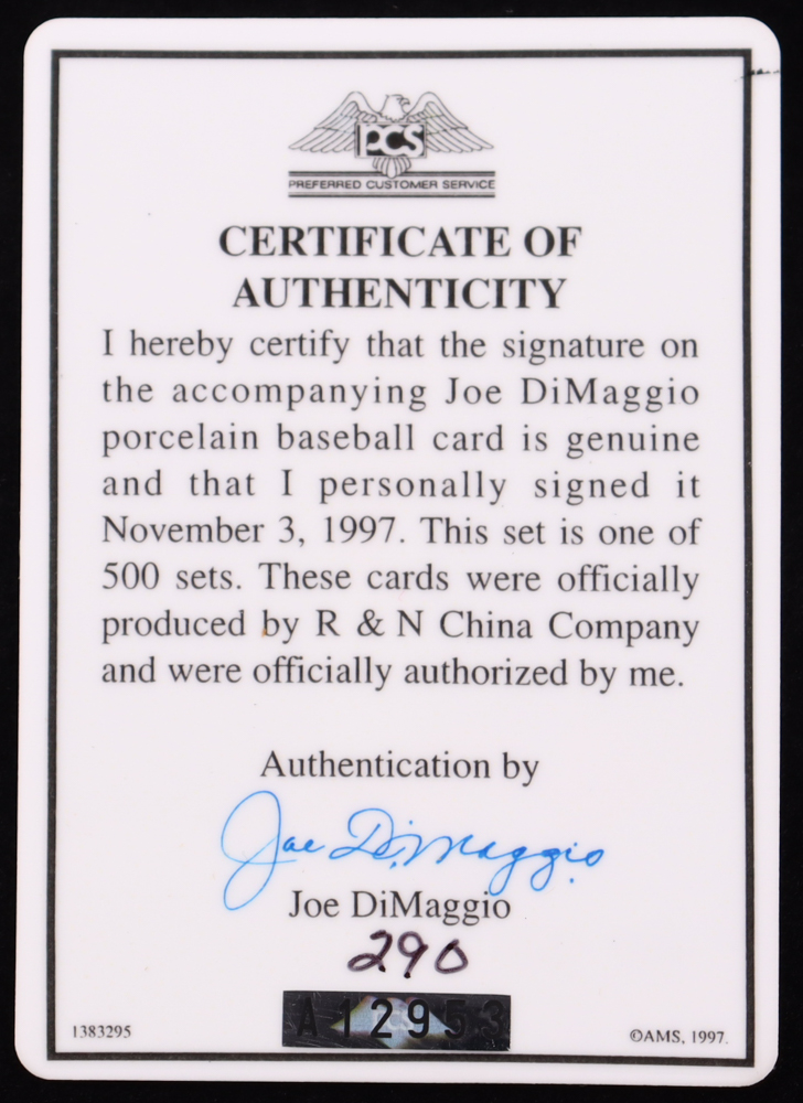 Joe DiMaggio Signed LE Signature Series Porcelain Baseball Card With Display Case (Beckett) at PristineAuction.com Joe DiMaggio Signed LE Signature Series Porcelain Baseball Card With Display Case (Beckett) at PristineAuction.com