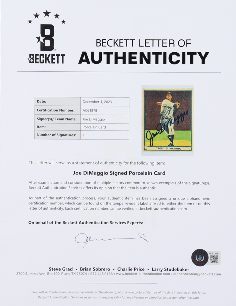 Joe DiMaggio Signed LE Signature Series Porcelain Baseball Card With Display Case (Beckett) at PristineAuction.com Joe DiMaggio Signed LE Signature Series Porcelain Baseball Card With Display Case (Beckett) at PristineAuction.com