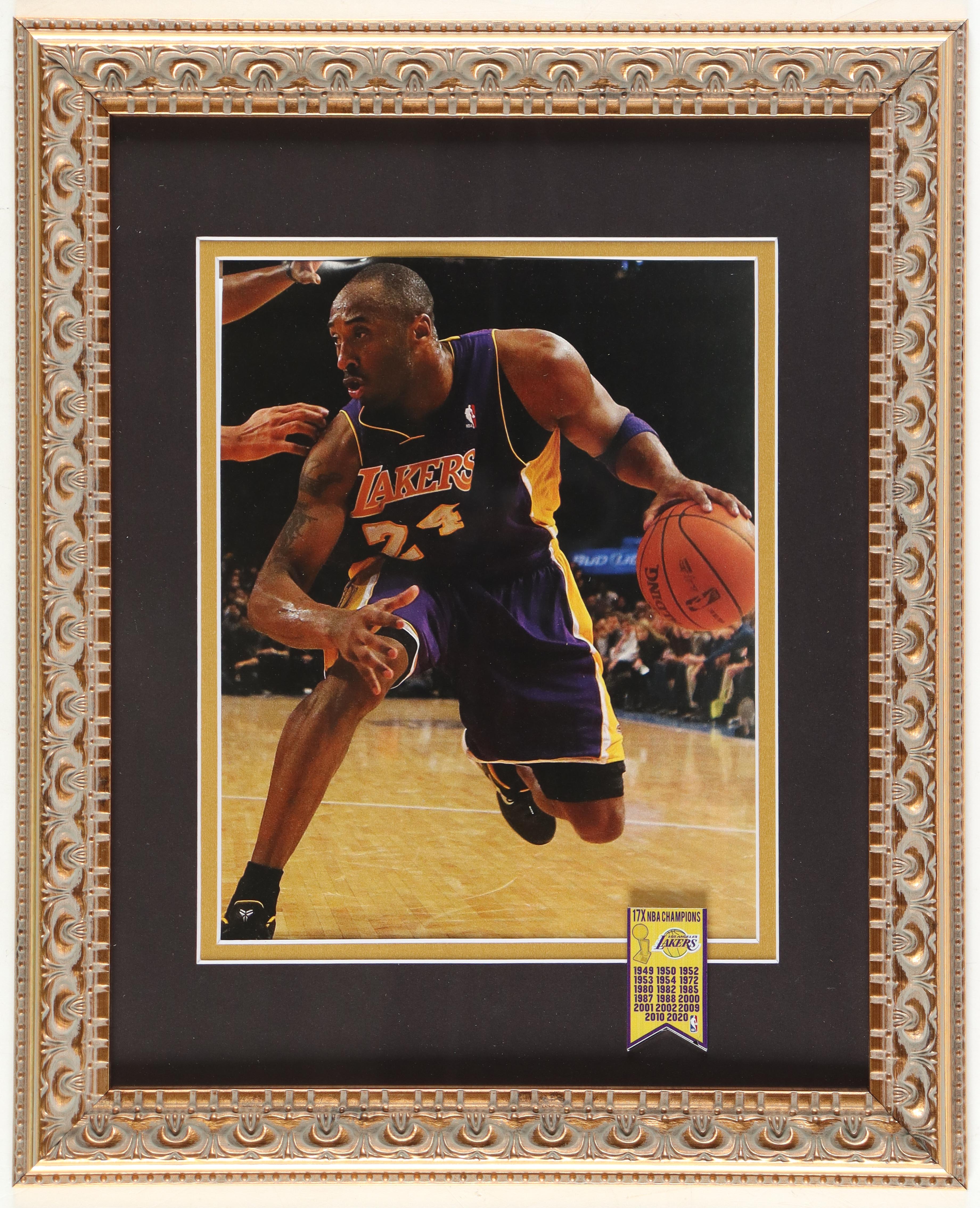 Kobe Bryant Lakers Custom Framed Photo Display With Mini Championship Banner Pin at PristineAuction.com Kobe Bryant Lakers Custom Framed Photo Display With Mini Championship Banner Pin at PristineAuction.com