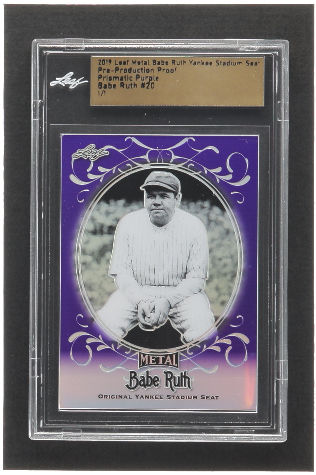 Babe Ruth 2019 Leaf Metal Babe Ruth Yankee Stadium Seat Pre-Production Proof Prismatic Purple #20 #1/1 (Leaf) at PristineAuction.com Babe Ruth 2019 Leaf Metal Babe Ruth Yankee Stadium Seat Pre-Production Proof Prismatic Purple #20 #1/1 (Leaf) at PristineAuction.com