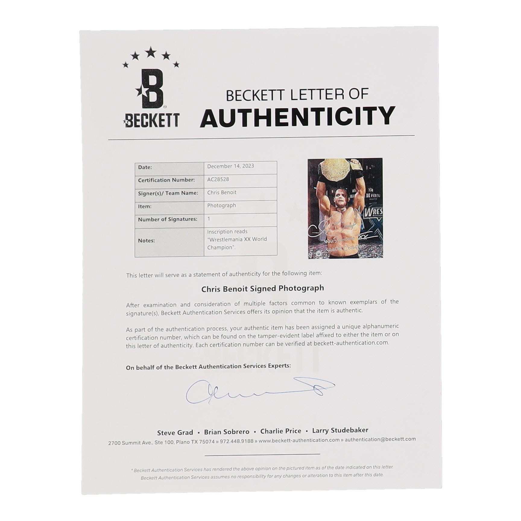 Chris Benoit Signed WWE 8x10 Photo Inscribed "Wrestlemania XX World Champion" (Beckett) at PristineAuction.com Chris Benoit Signed WWE 8x10 Photo Inscribed "Wrestlemania XX World Champion" (Beckett) at PristineAuction.com
