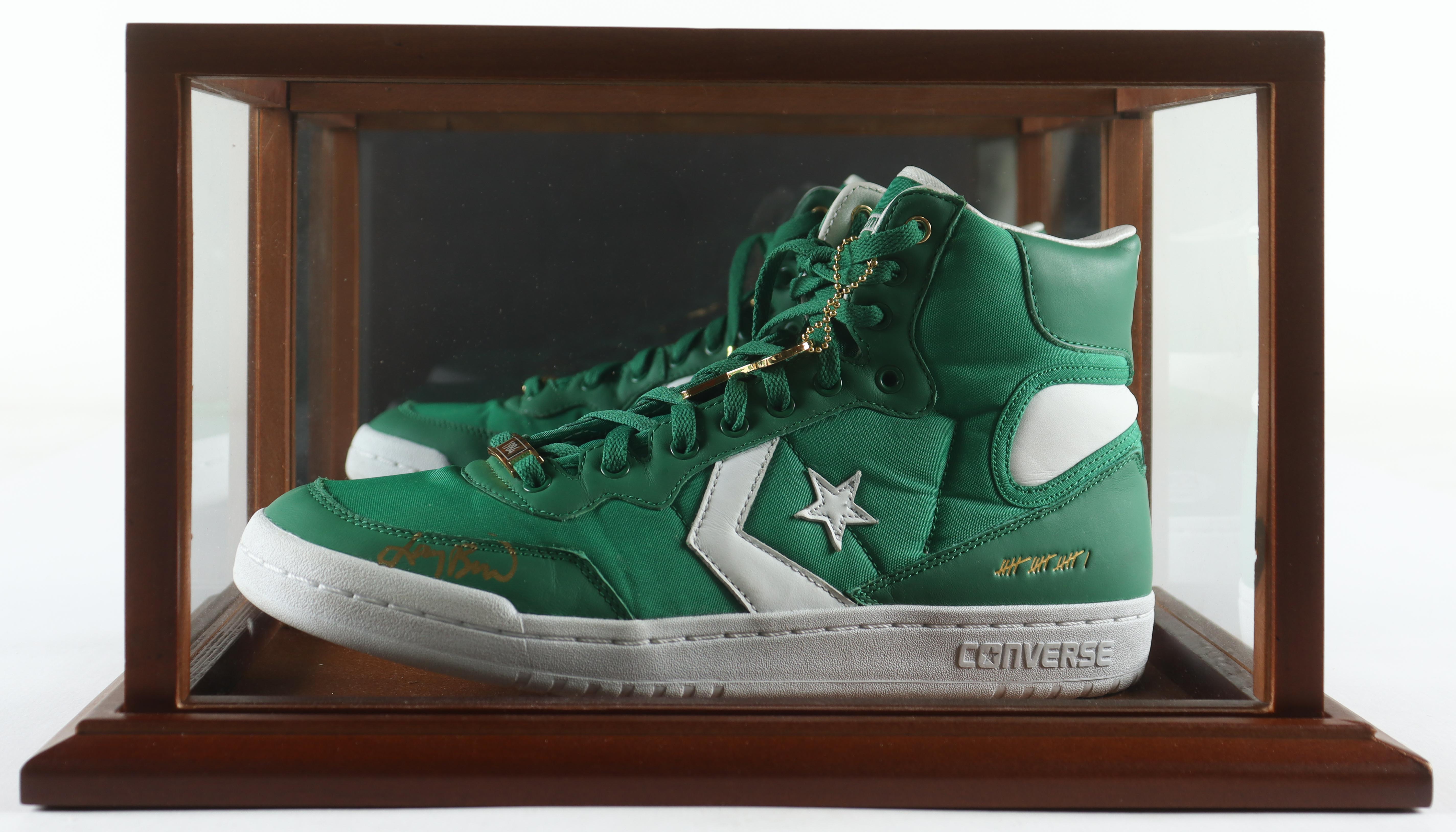 Larry Bird Signed Converse Special Edition 1984 Celtics Basketball Shoe with Wood Glass Display Case (PSA) at PristineAuction.com Larry Bird Signed Converse Special Edition 1984 Celtics Basketball Shoe with Wood Glass Display Case (PSA) at PristineAuction.com