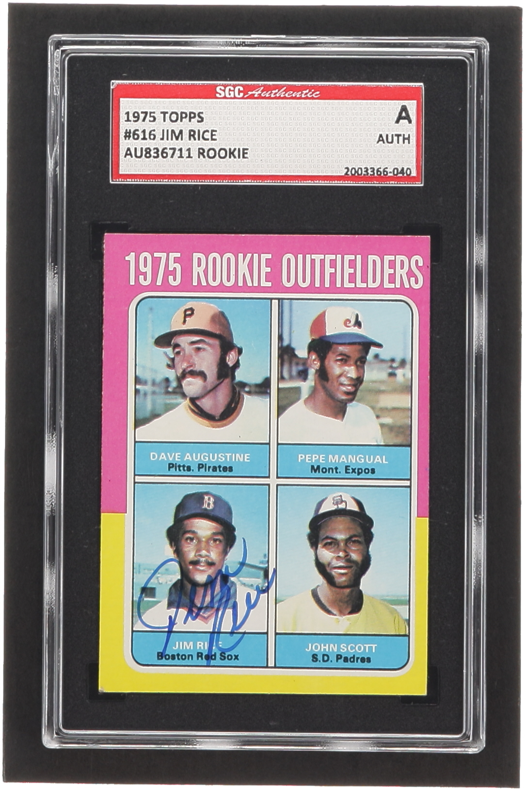 Jim Rice Signed 1975 Topps #616 Rookie Outfielders / Dave Augustine / Pepe Mangual / Jim Rice / John Scott RC (SGC) at PristineAuction.com Jim Rice Signed 1975 Topps #616 Rookie Outfielders / Dave Augustine / Pepe Mangual / Jim Rice / John Scott RC (SGC) at PristineAuction.com