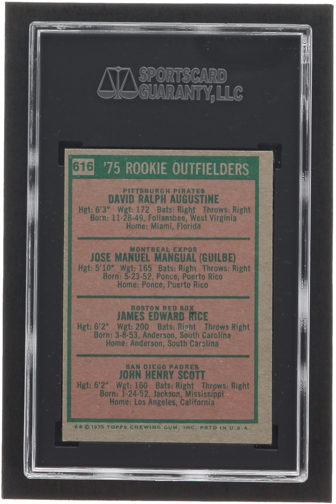 Jim Rice Signed 1975 Topps #616 Rookie Outfielders / Dave Augustine / Pepe Mangual / Jim Rice / John Scott RC (SGC) at PristineAuction.com Jim Rice Signed 1975 Topps #616 Rookie Outfielders / Dave Augustine / Pepe Mangual / Jim Rice / John Scott RC (SGC) at PristineAuction.com